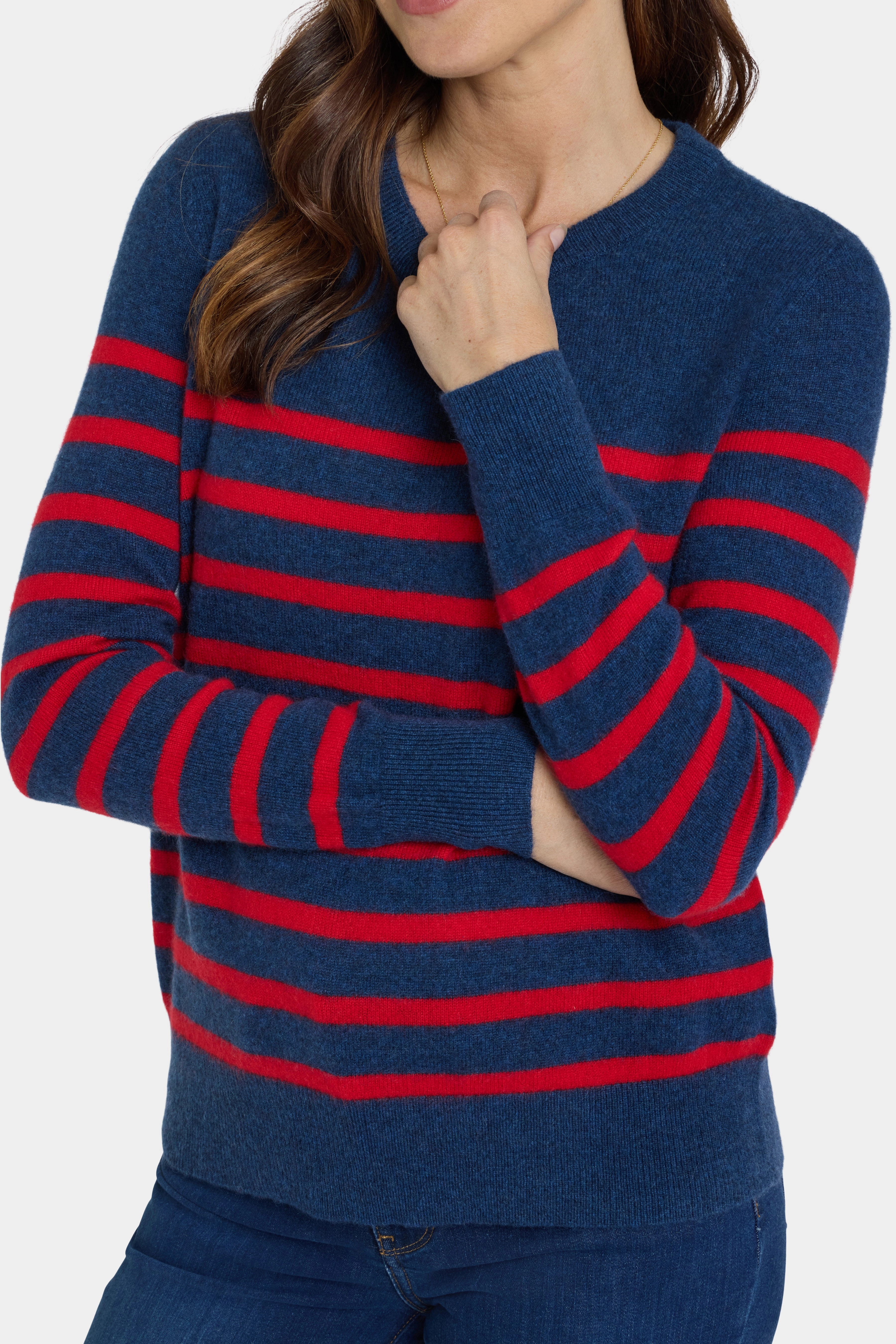 Striped Cashmere Crewneck Sweater - Navy Red Stripe All-Weather Comfort
