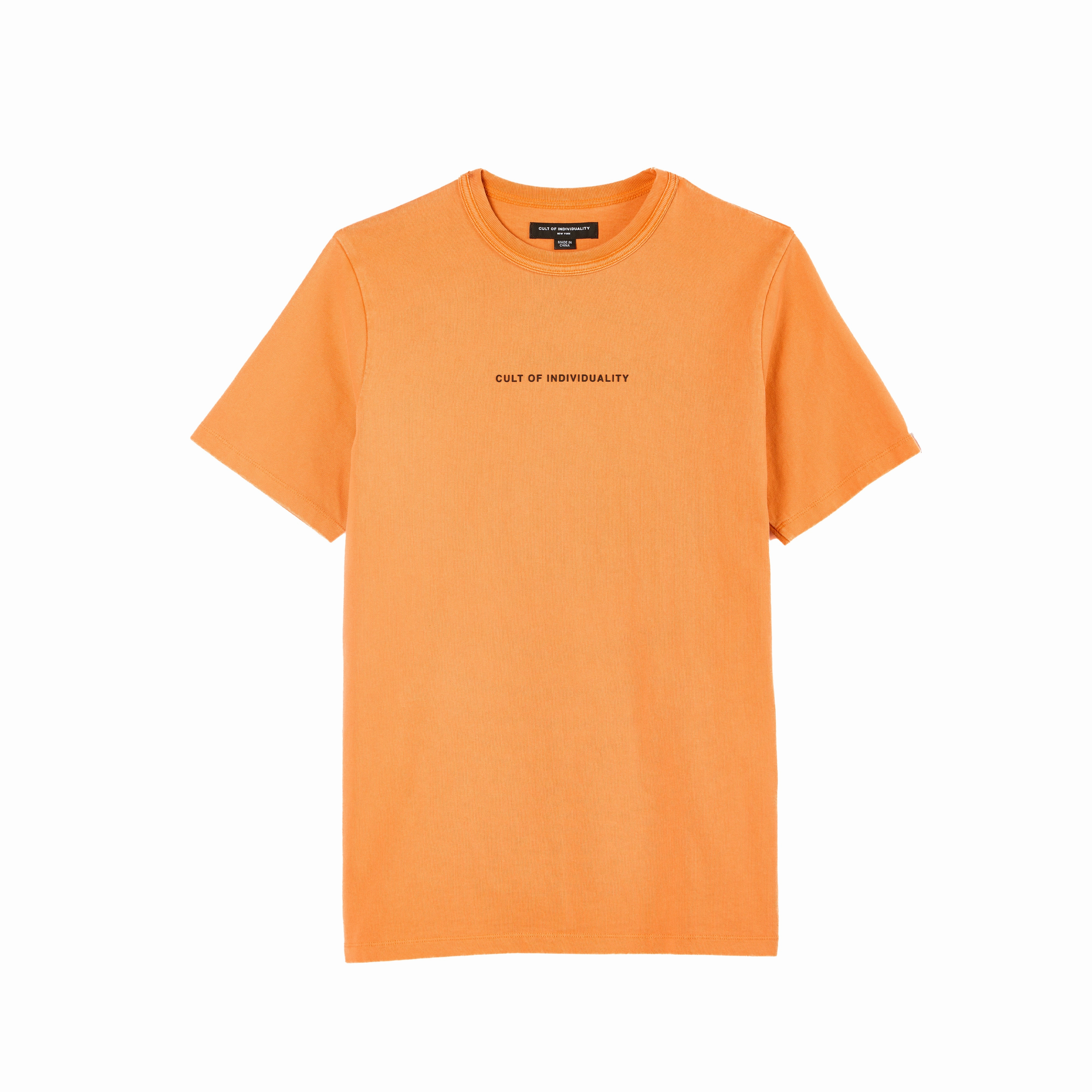 Cult's Heavyweight Short Sleeve Crew Neck Tee "Shimuchan" Logo in Orange Raw Hem Finish