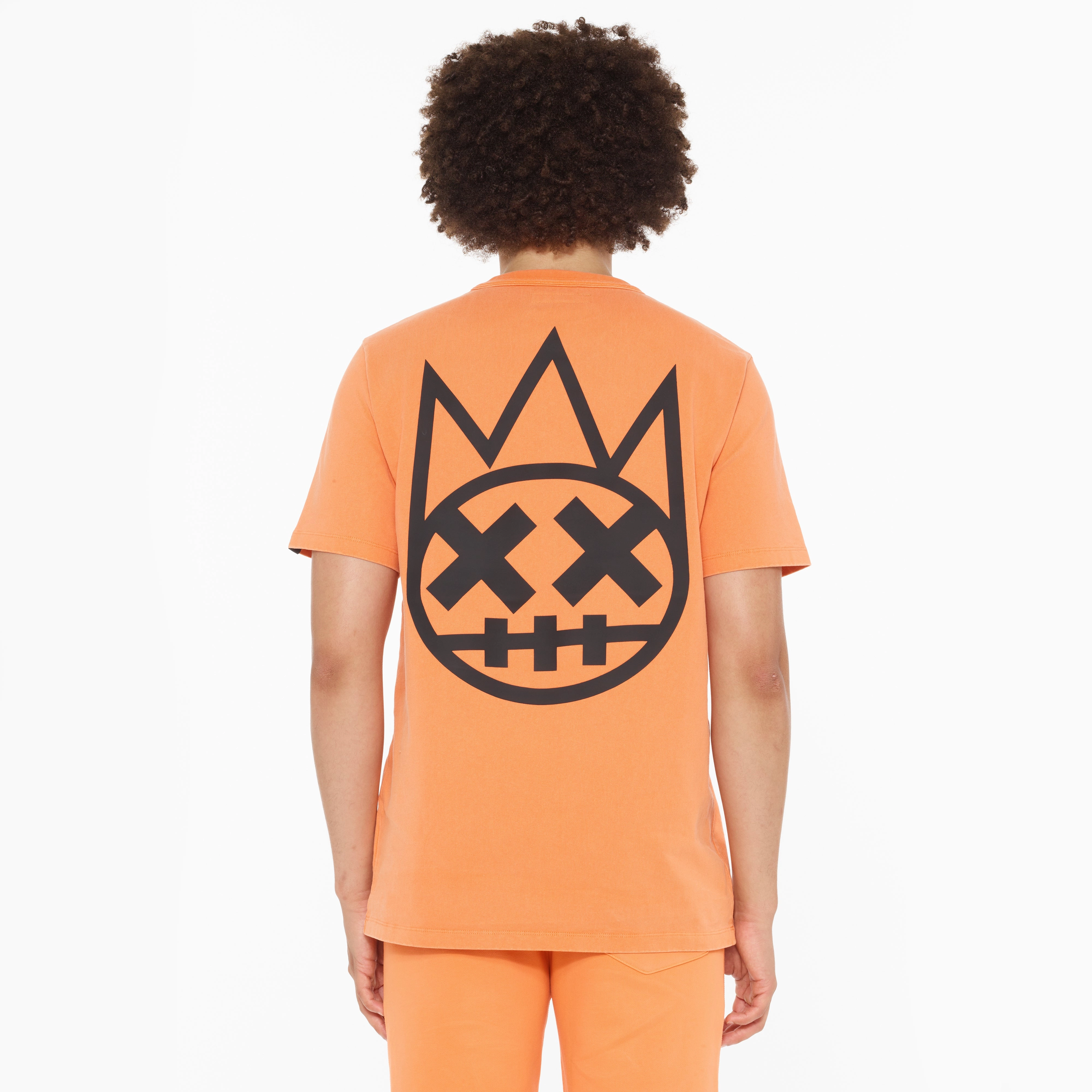 Cult's Heavyweight Short Sleeve Crew Neck Tee "Shimuchan" Logo in Orange Outdoor Outfit Style