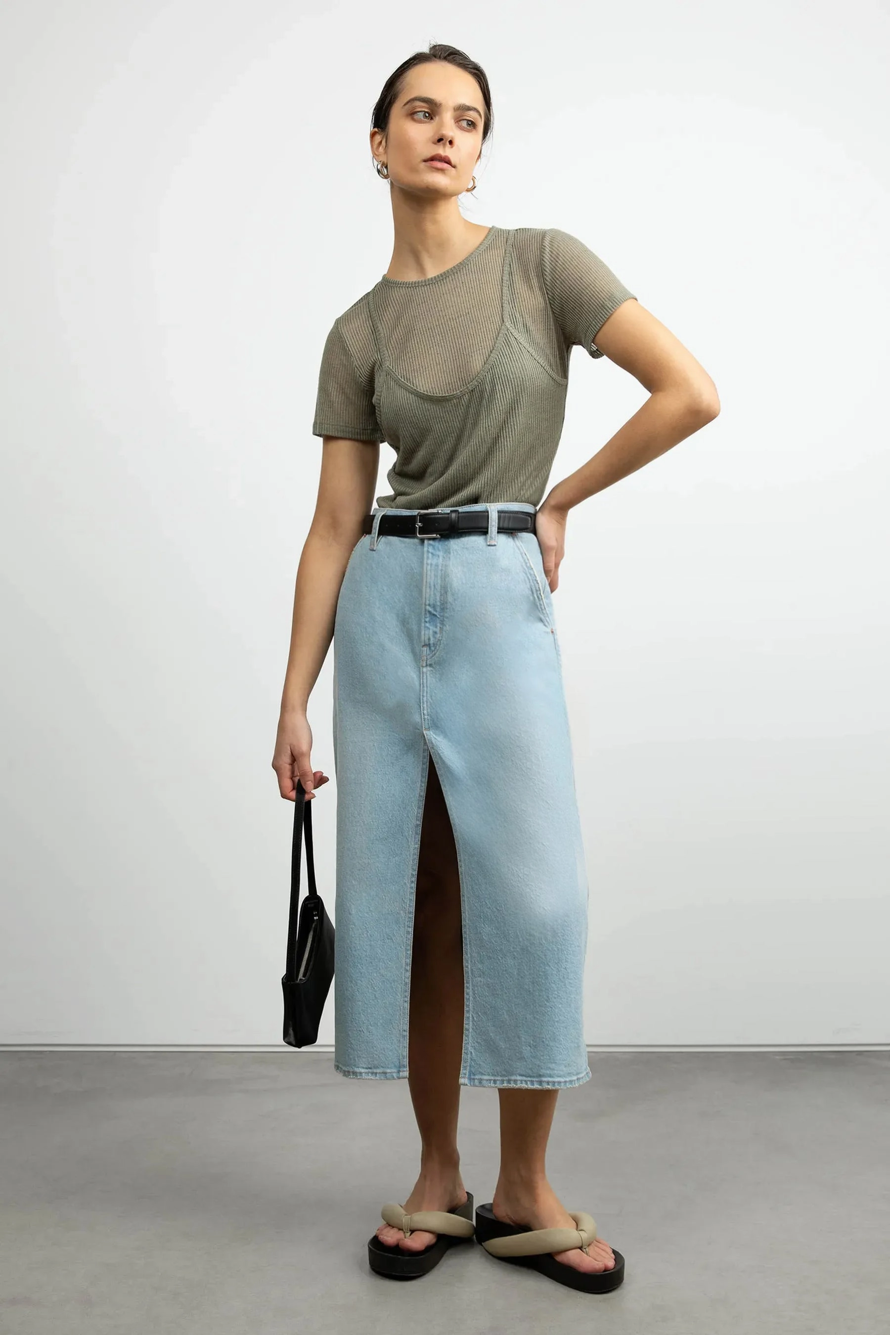 Soft Tones FRONT SLIT DENIM MIDI SKIRT