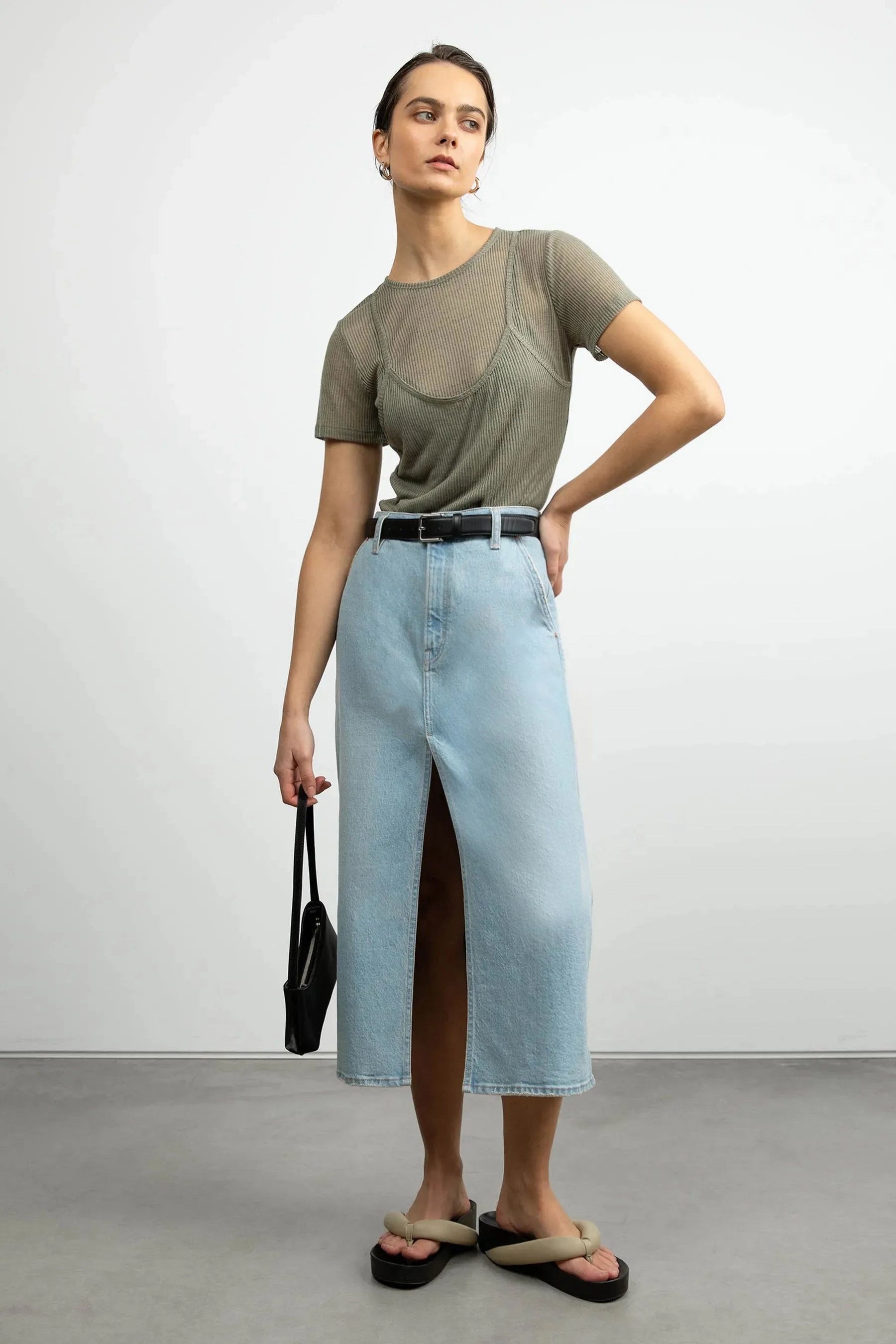 Day Ready Travel Influence FRONT SLIT DENIM MIDI SKIRT