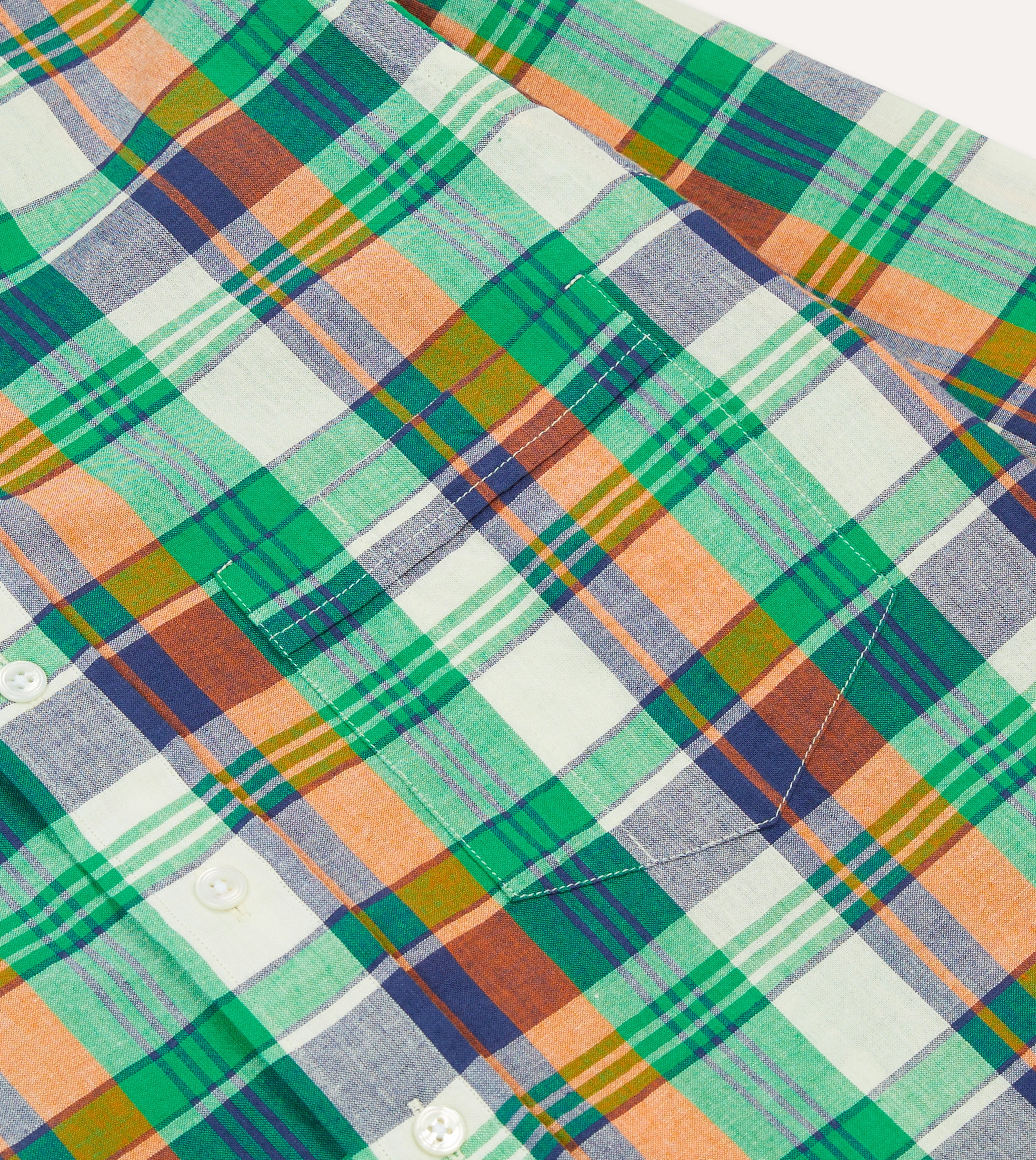 Green and Orange Madras Check Cotton Button-Down Shirt Hiking Gear Snug feel