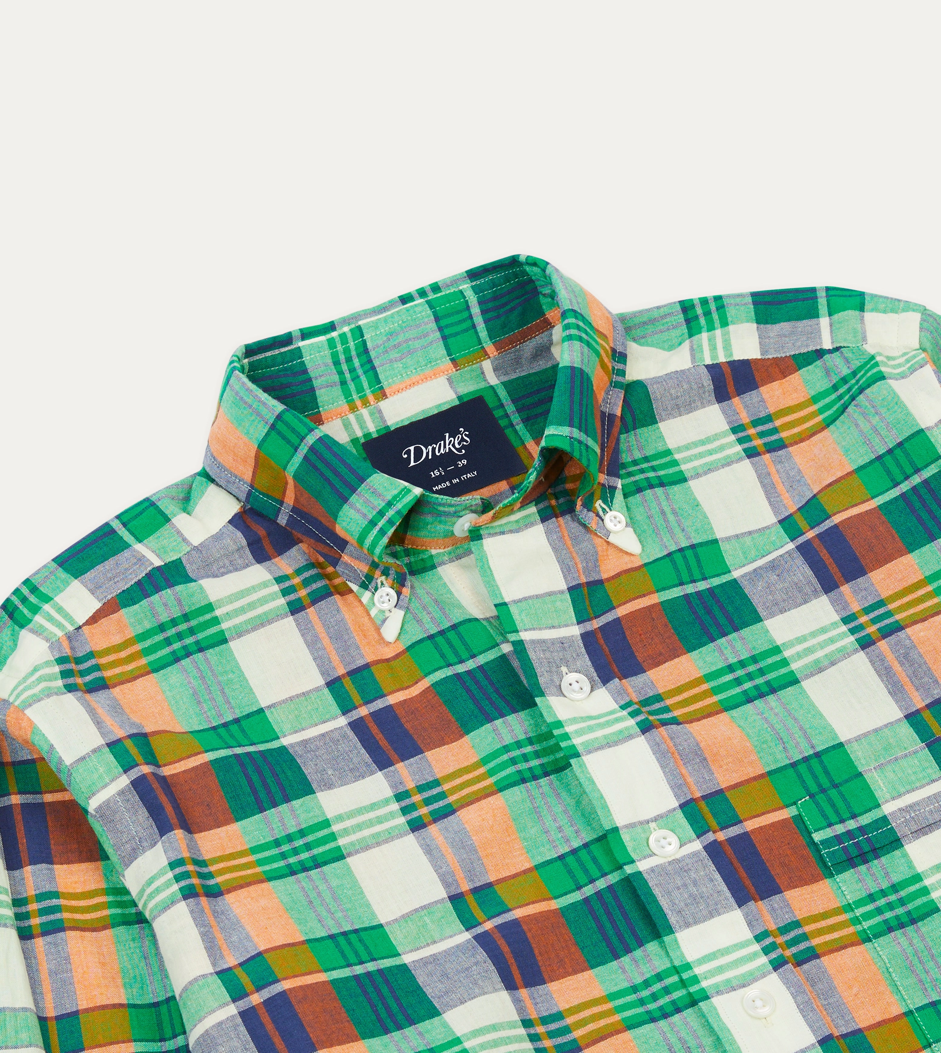 Non-irritating Green and Orange Madras Check Cotton Button-Down Shirt