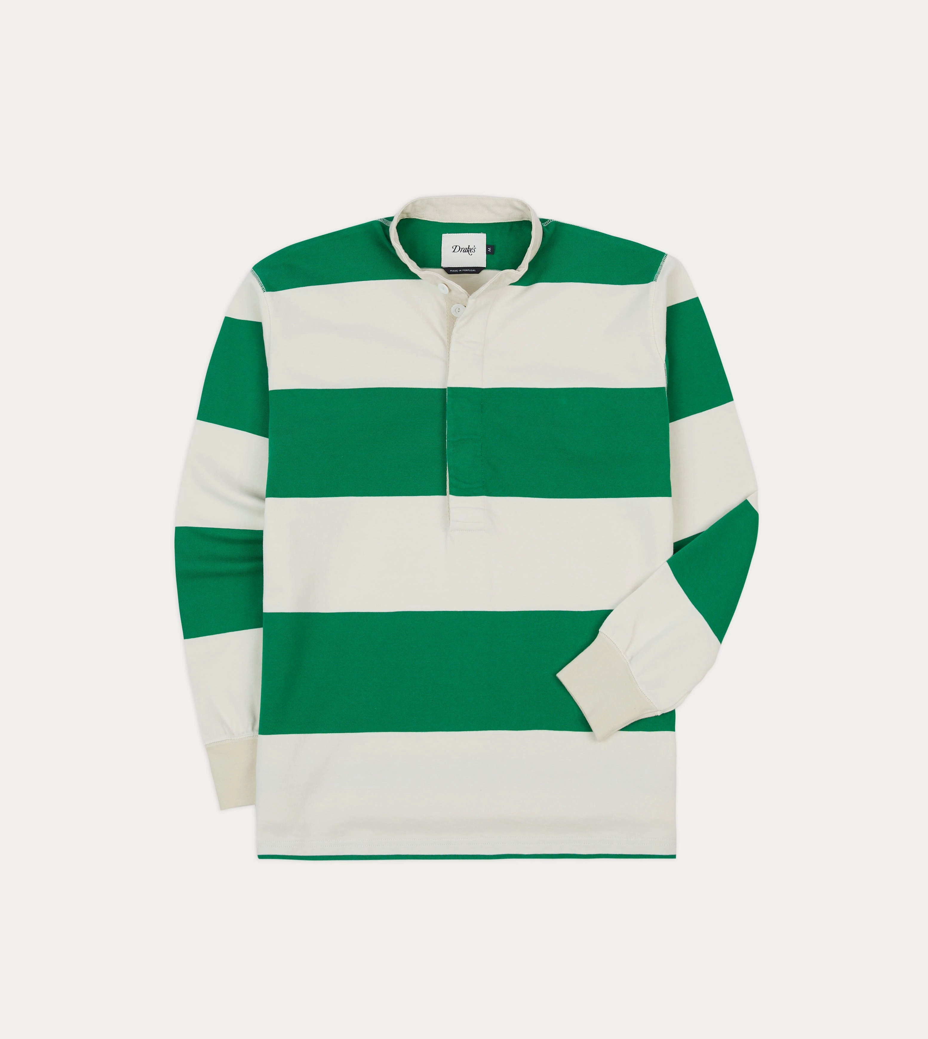 Flexible Placket Structure Green and White Stripe Cotton Mandarin Collar Rugby Shirt