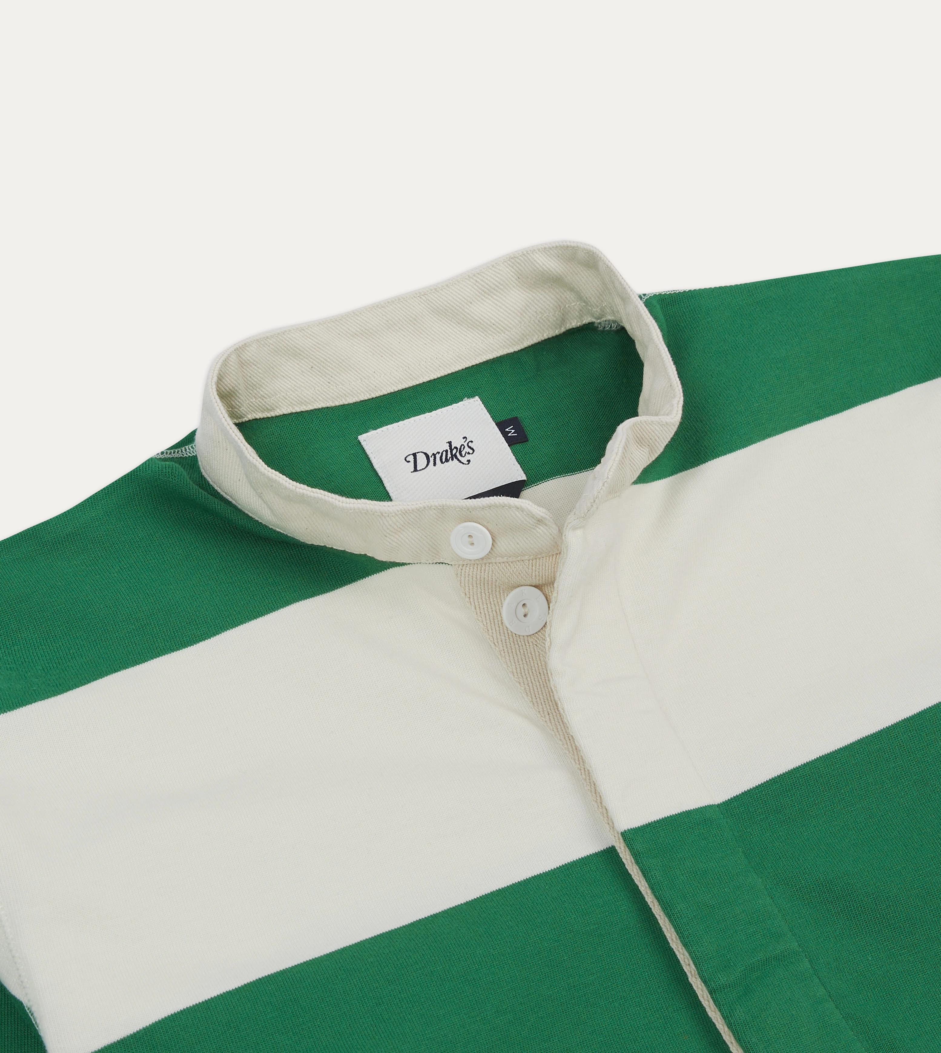 Twill Weave Simple Fit Green and White Stripe Cotton Mandarin Collar Rugby Shirt