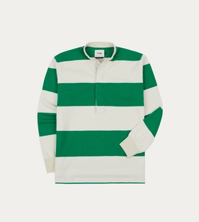 Flexible Placket Structure Green and White Stripe Cotton Mandarin Collar Rugby Shirt