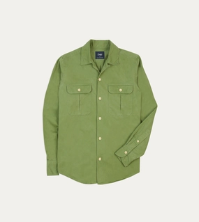 Green Brushed Cotton Twill Camp Collar Long Sleeve Shirt Durable Quality Moisture Wicking Material