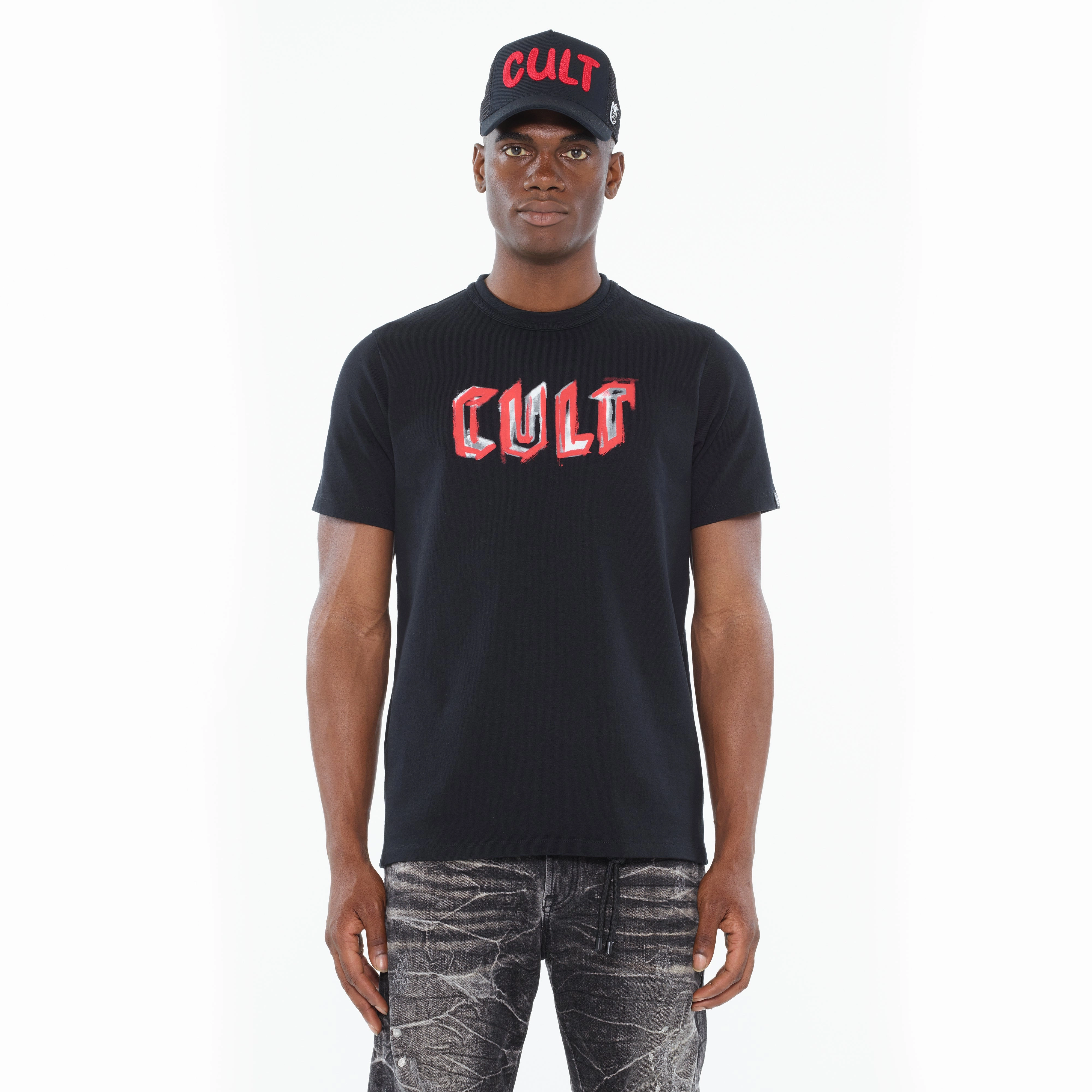 Cult's Heavyweight Short Sleeve Crew Neck Tee "Painter Logo" in Black ThermoregulatingFabric