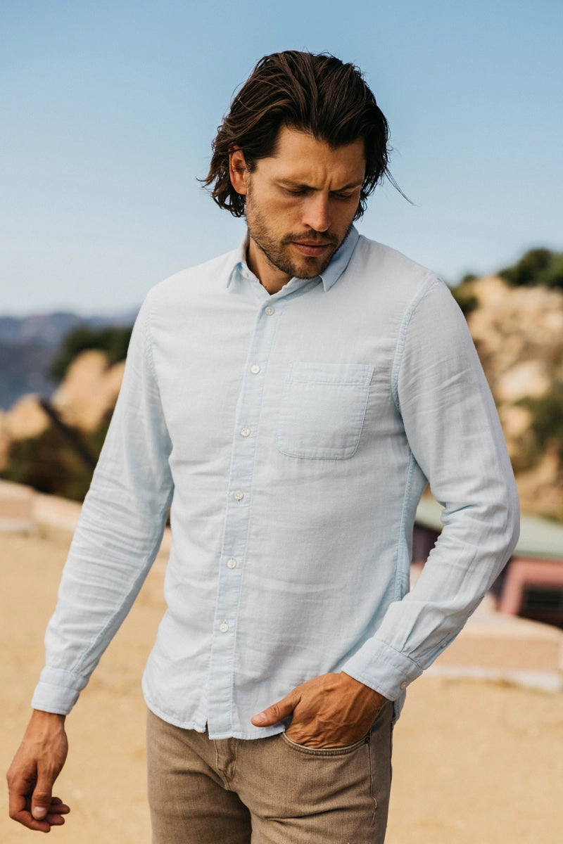 The Ripper Double Gauze Organic Cotton Shirt  - Aqua Blue Classic Collar color block