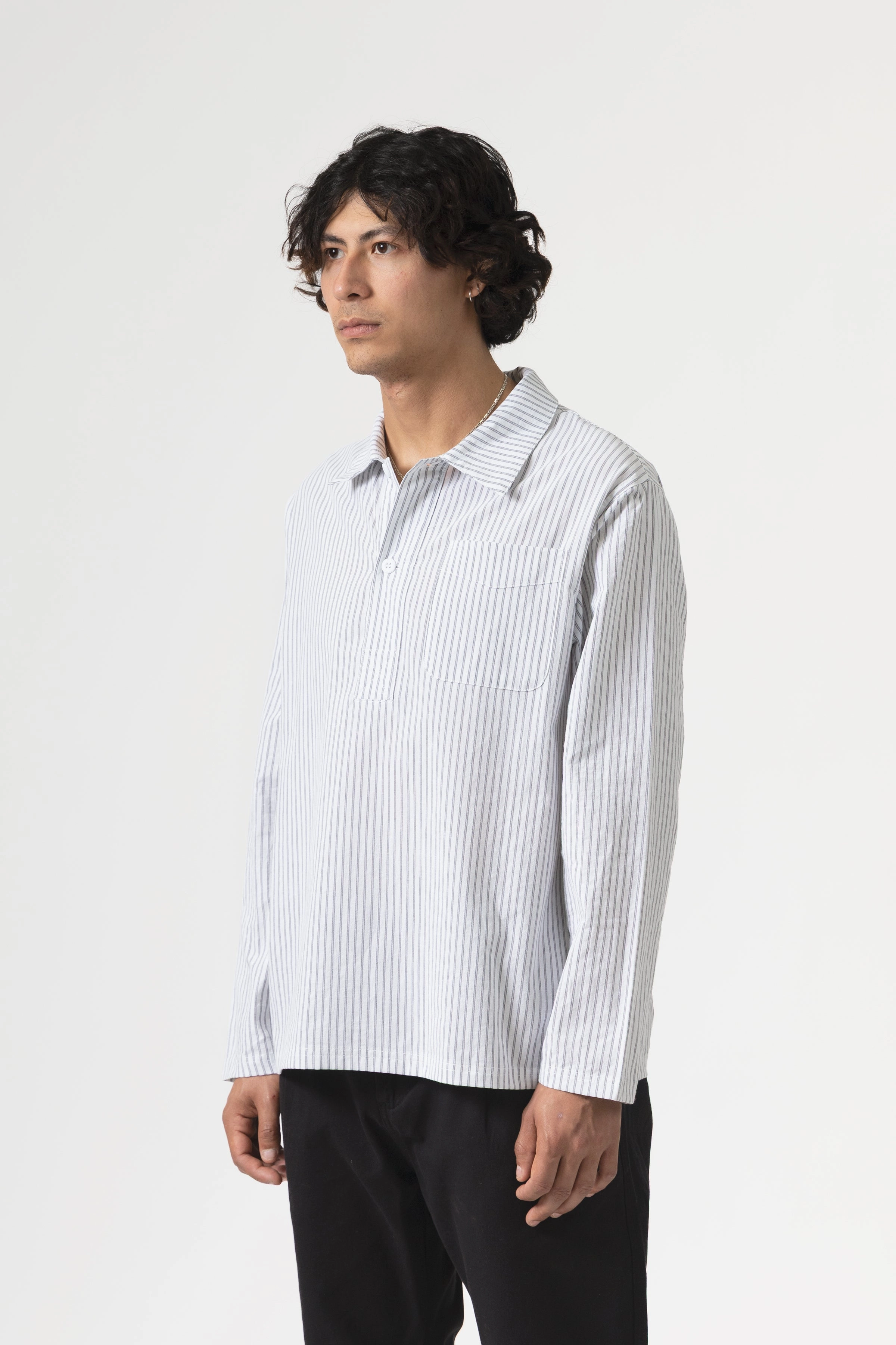 Multipurpose Utility High Neck Holiday essential Blacksmith - Striped Two Button Popover - White