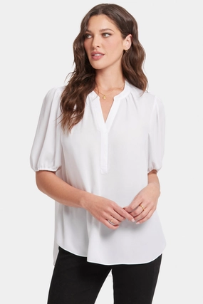 Reinforced Buttonholes Stylish Detail Short Puff Sleeve Popover Top - Optic White