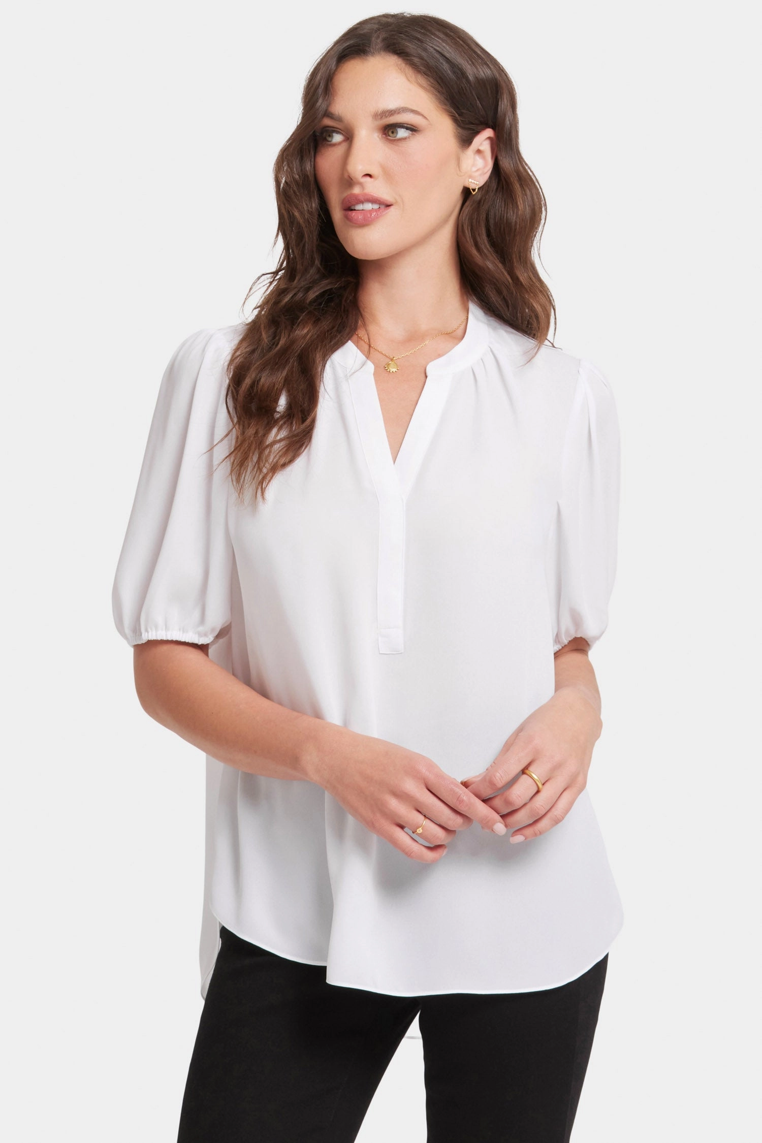 Reinforced Buttonholes Stylish Detail Short Puff Sleeve Popover Top - Optic White