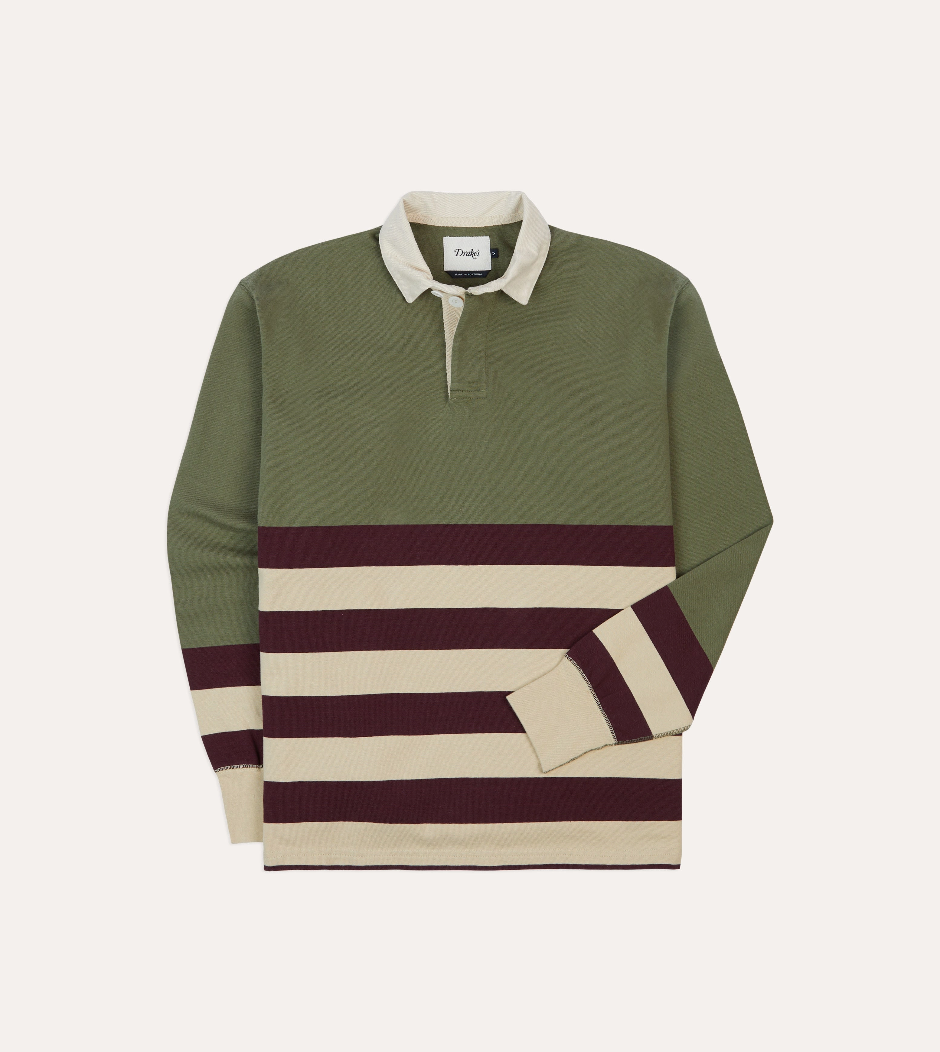 Khaki, Burgundy and Ecru Half Striped Cotton Rugby Shirt bohemian flair