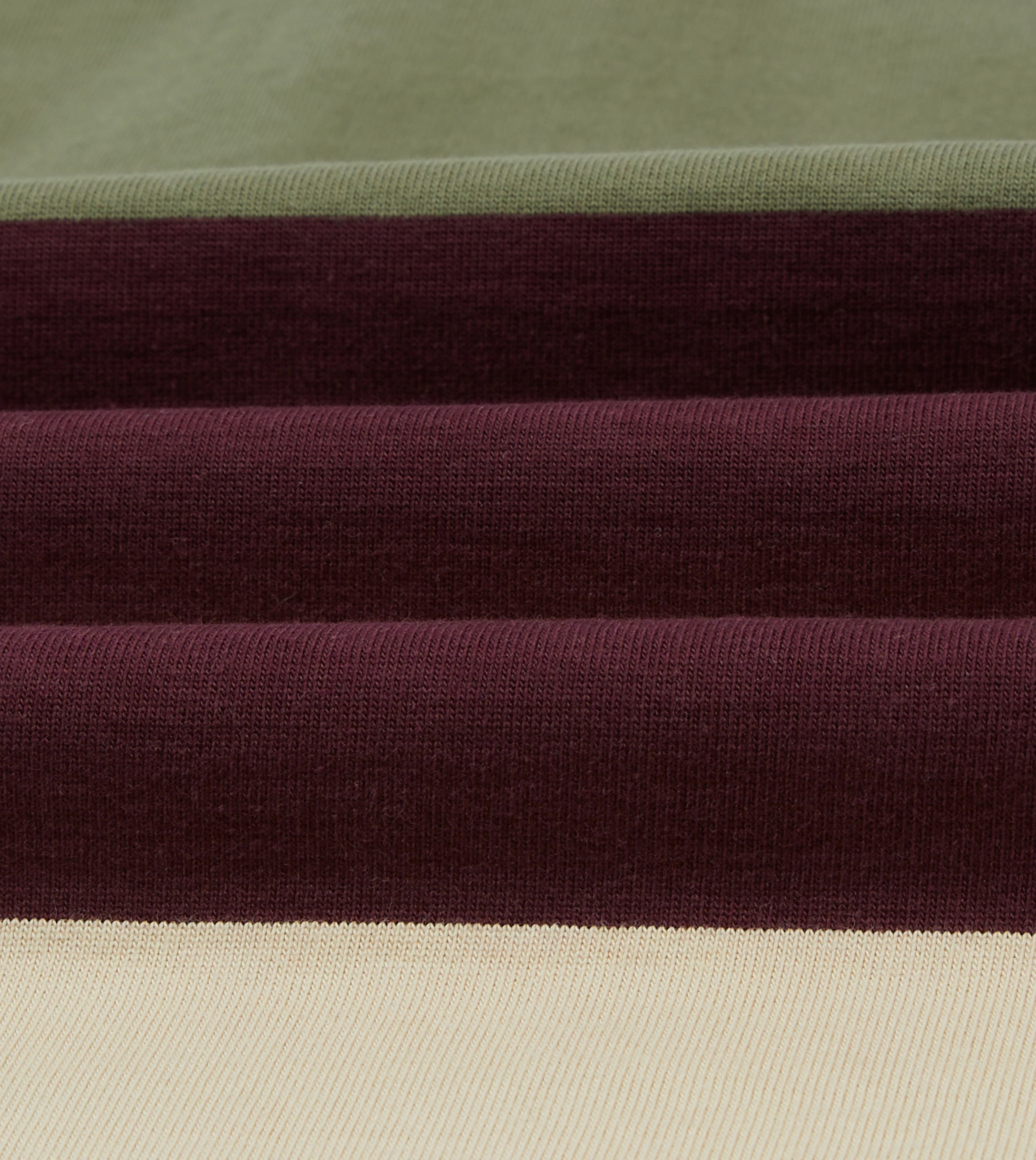 Khaki, Burgundy and Ecru Half Striped Cotton Rugby Shirt Mountain Escape Everyday Look