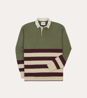 Khaki, Burgundy and Ecru Half Striped Cotton Rugby Shirt bohemian flair