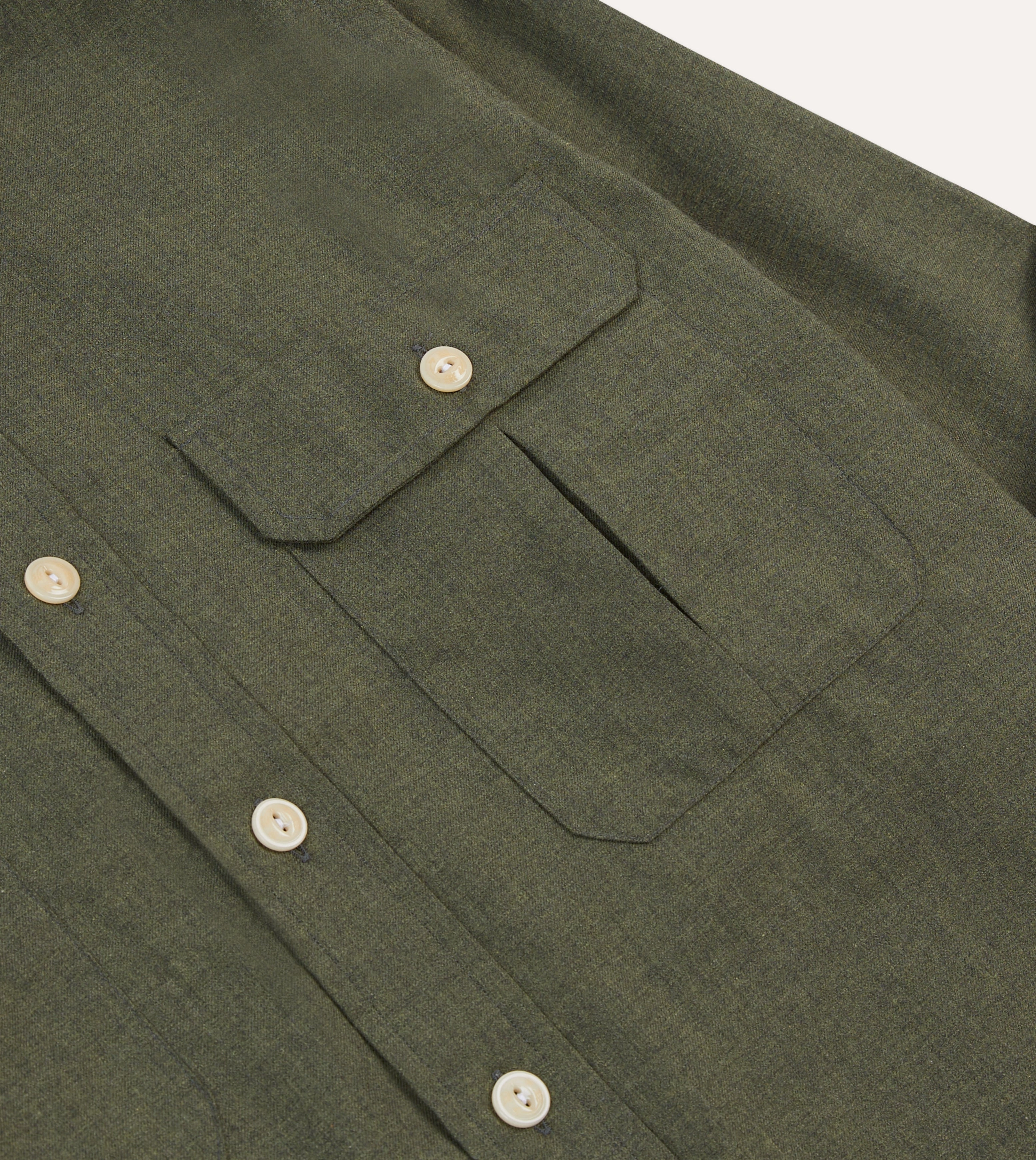 Khaki Green Cotton Flannel Two-Pocket Work Shirt Asymmetrical Cut