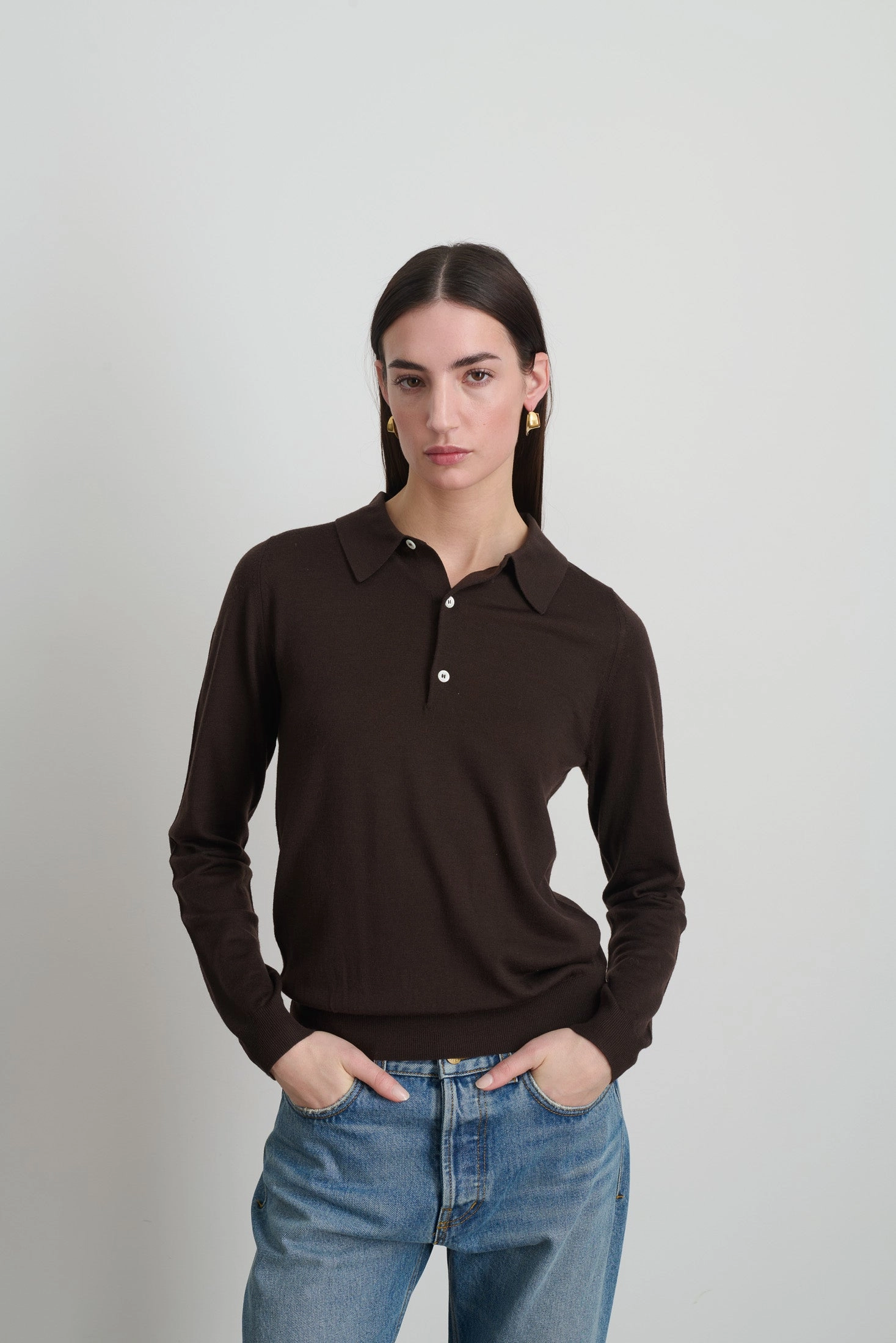 Knit Polo Brown Merino Wool Breathable Open Weave