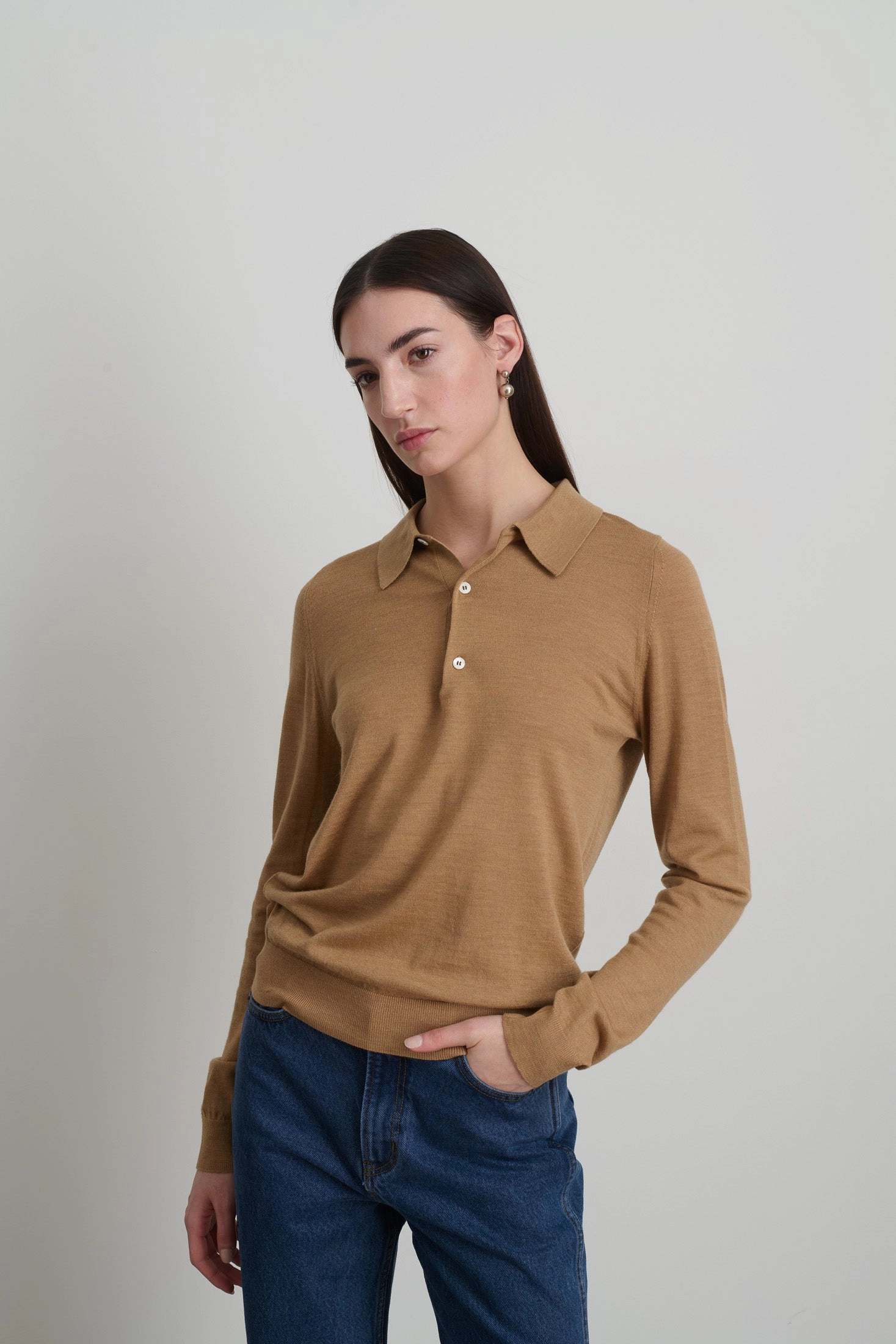 Warm Essentials Cozy Piece Knit Polo Camel Merino Wool