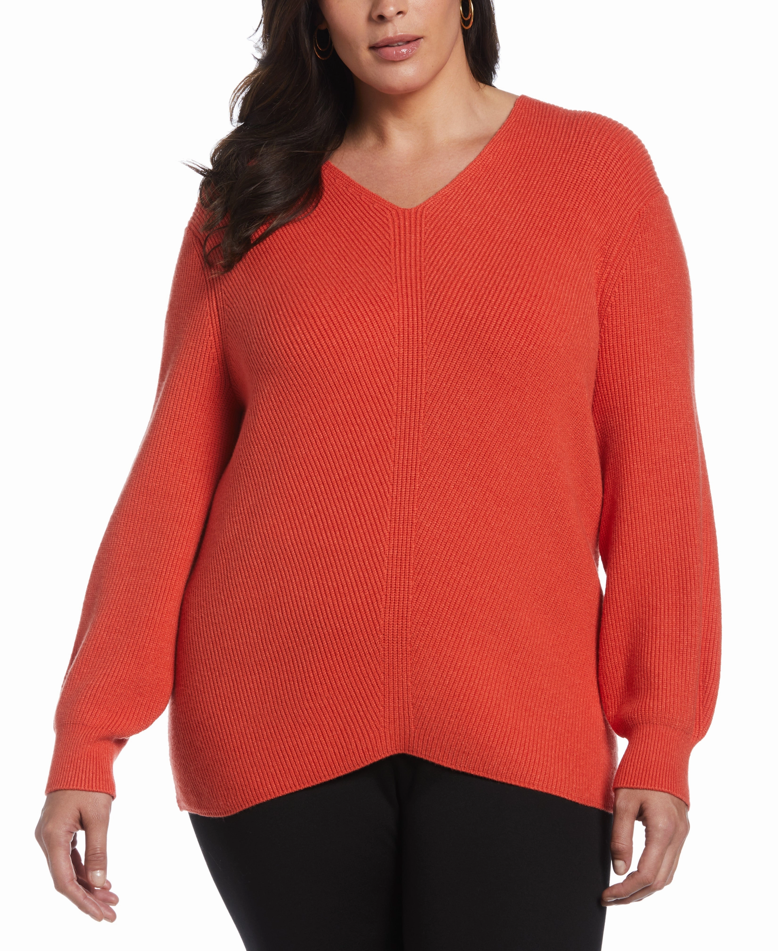Easy Care Fabric Cable Stitch Plus Size Essential Ribbed V-Neck Sweater