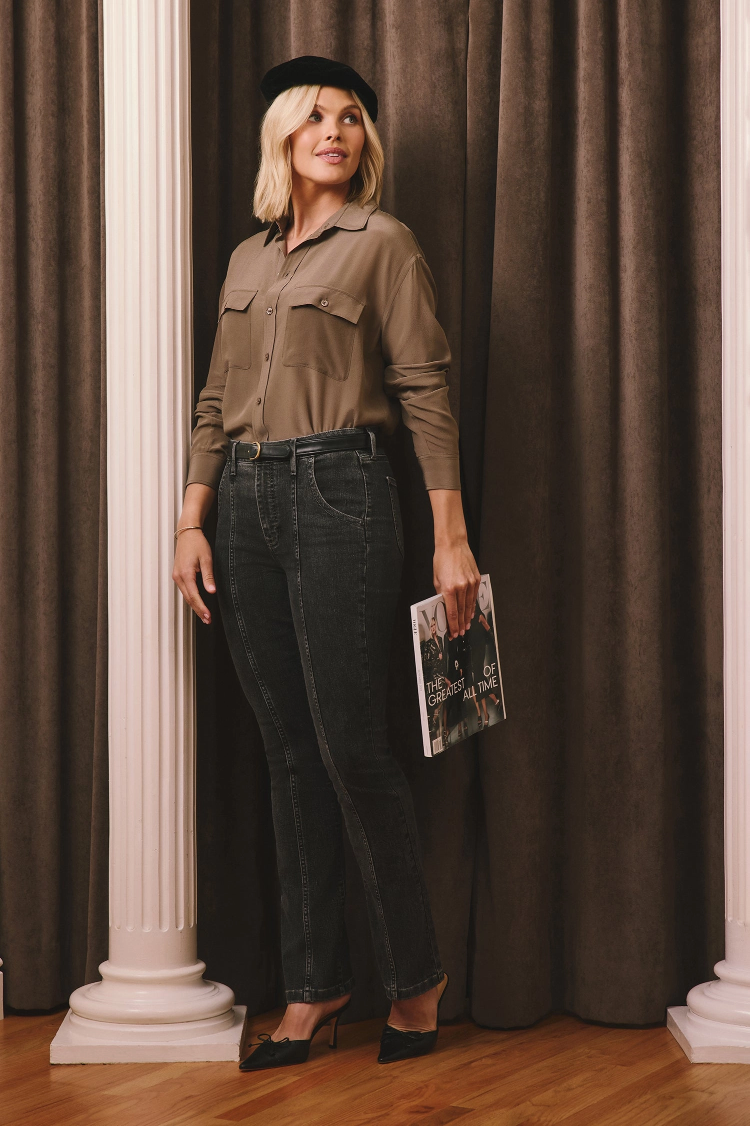 Artistic Design V-neck style Lauren Silk Blouse - Dark Wood