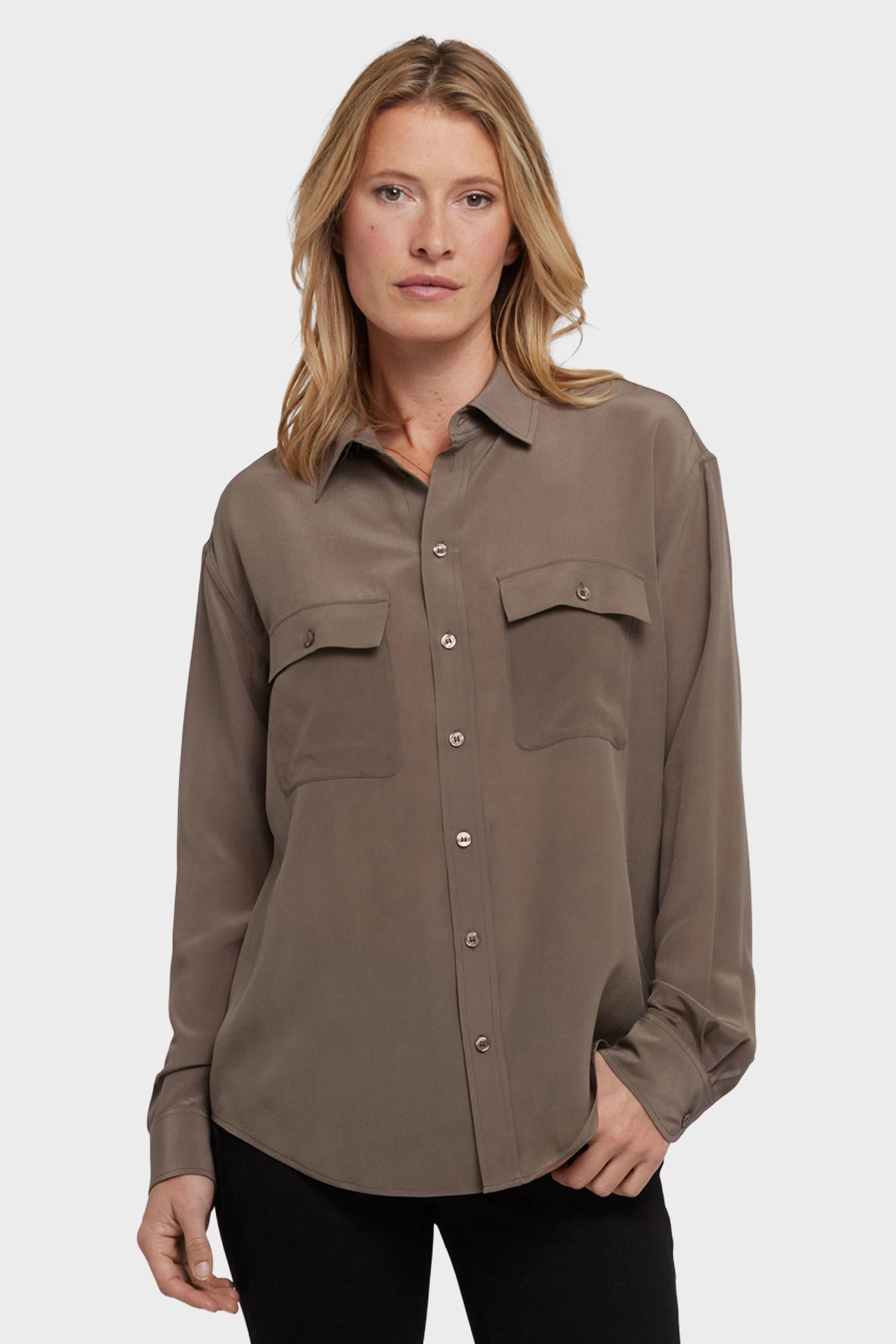 High Neck Fashion Choice Lauren Silk Blouse - Dark Wood