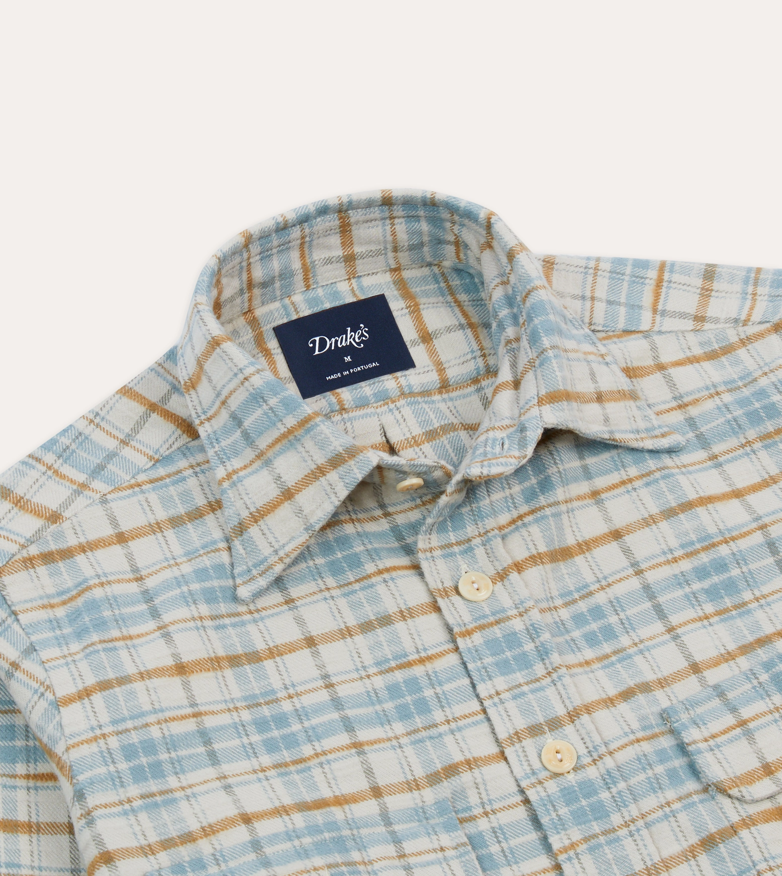 Eco Friendly Production Ecru and Blue Check Cotton Two-Pocket Work Shirt