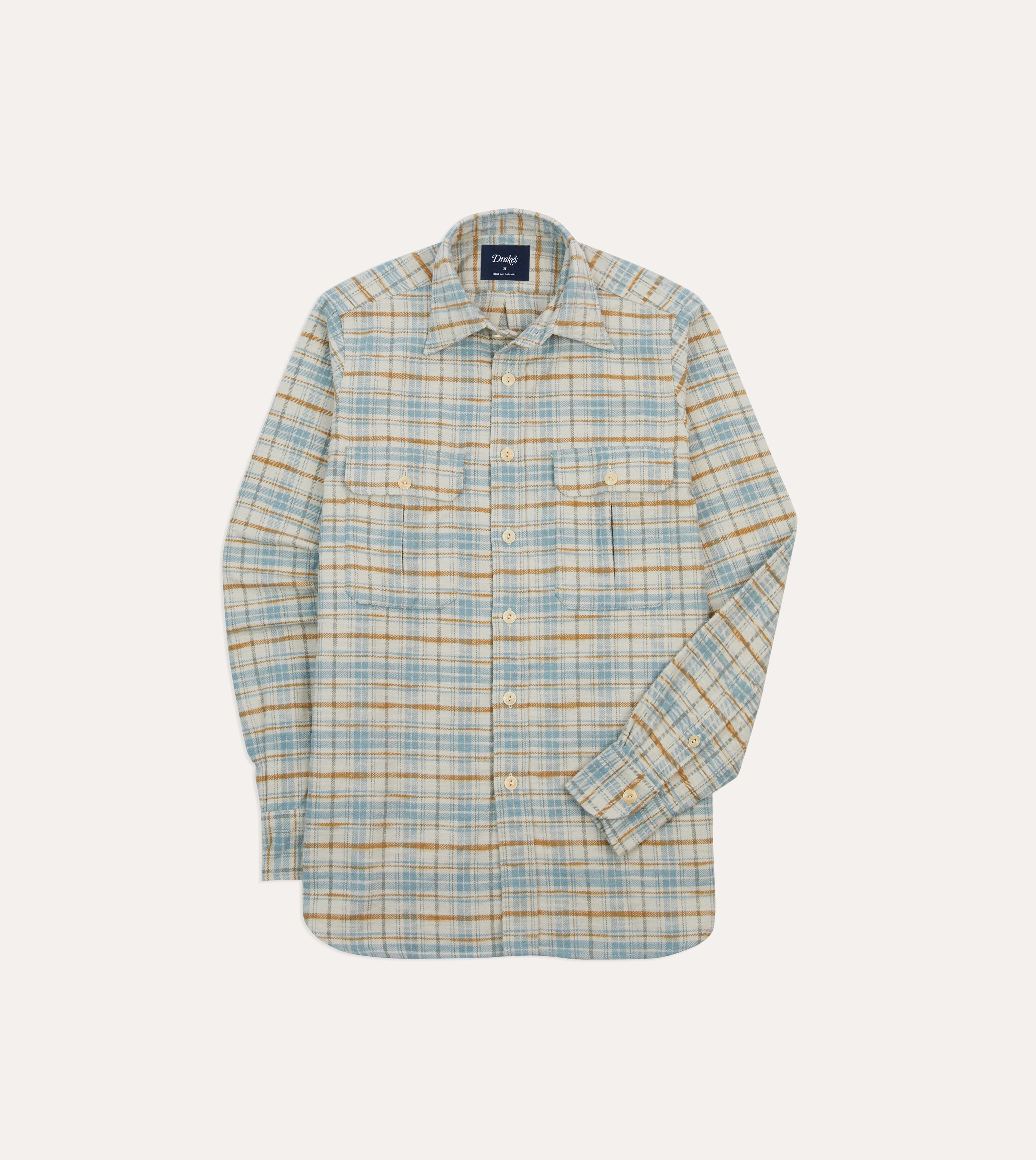 Subtle pattern Beach Wear Ecru and Blue Check Cotton Two-Pocket Work Shirt
