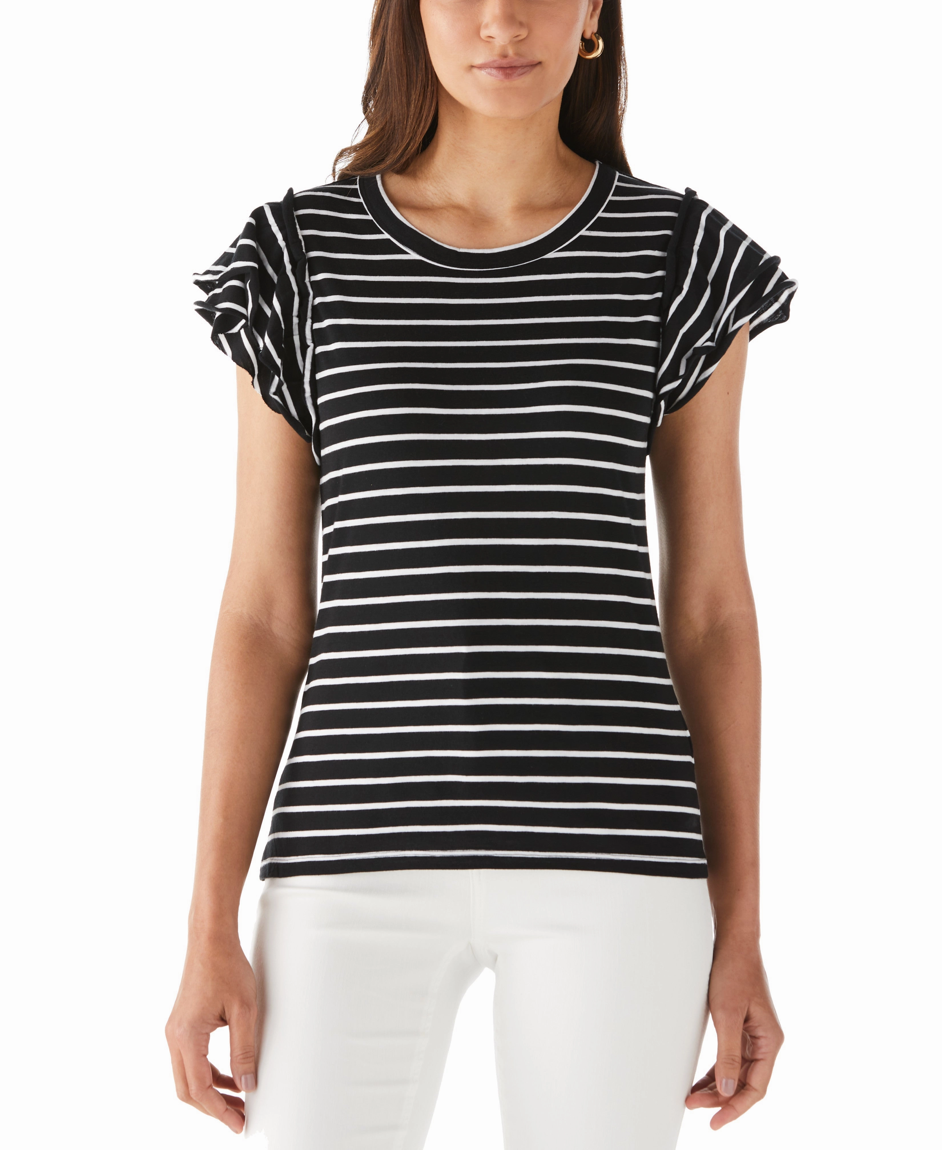 Warm Comfort Chilly Day Outfit Stripe Ruffle Sleeve Tee