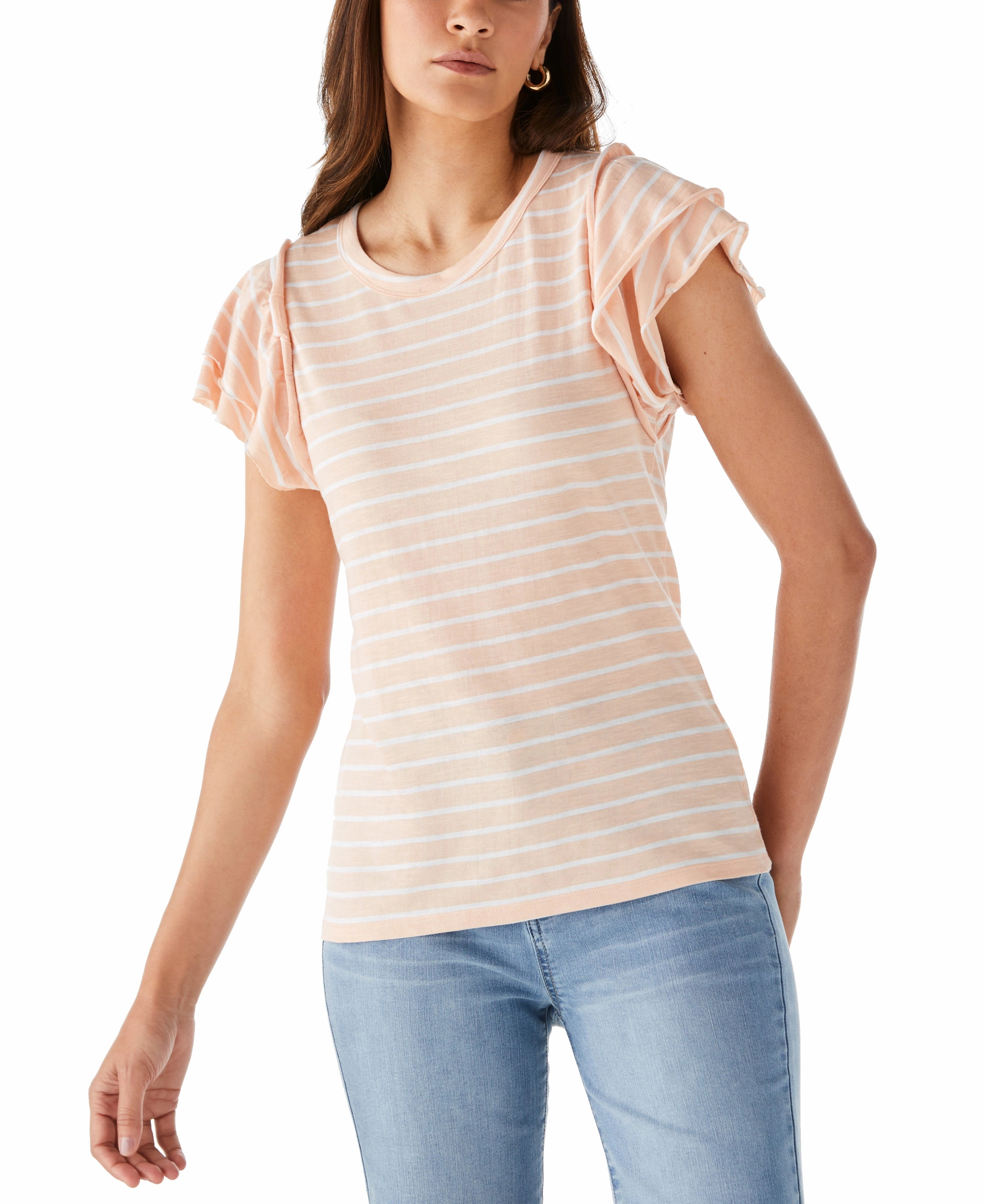 Stripe Ruffle Sleeve Tee Trendy Knit