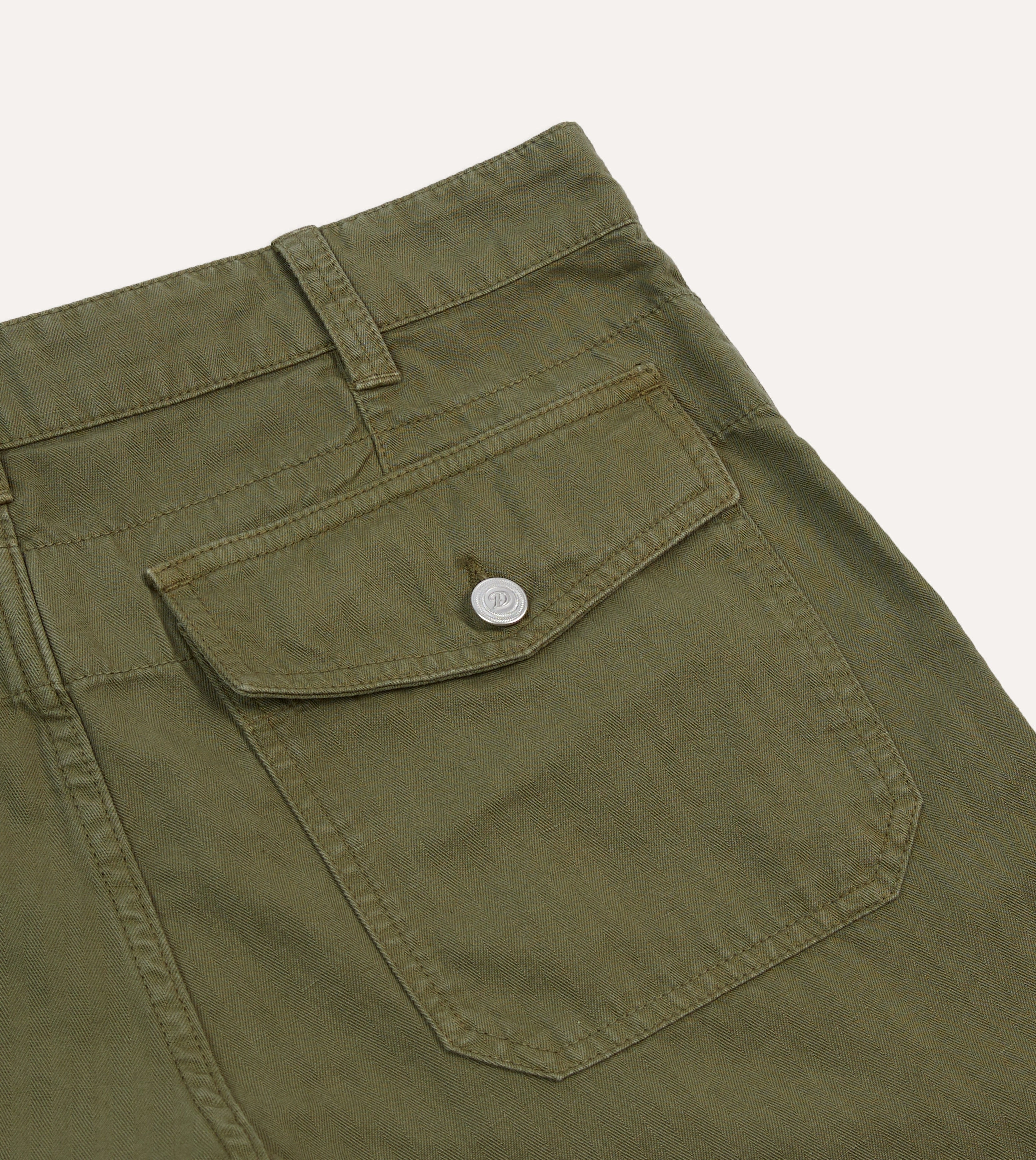 Olive Cotton-Linen Herringbone Fatigue Shorts muted colors