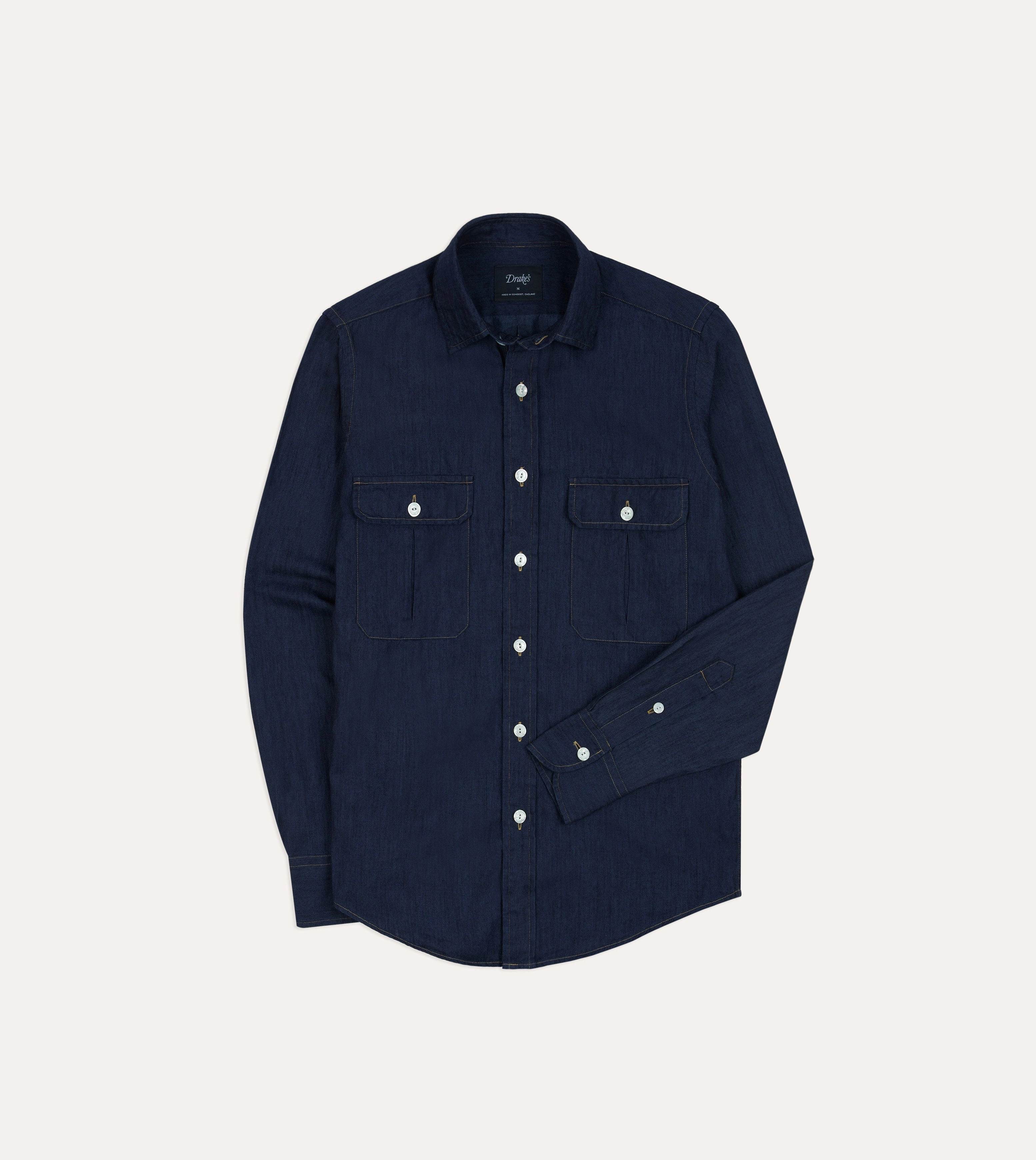 Slim Silhouette Navy Cotton Linen Two-Pocket Work Shirt