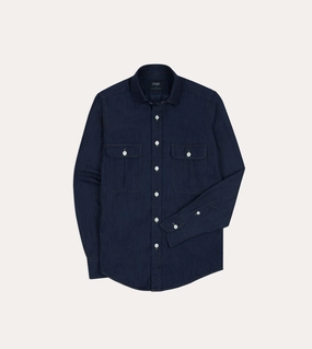 Slim Silhouette Navy Cotton Linen Two-Pocket Work Shirt
