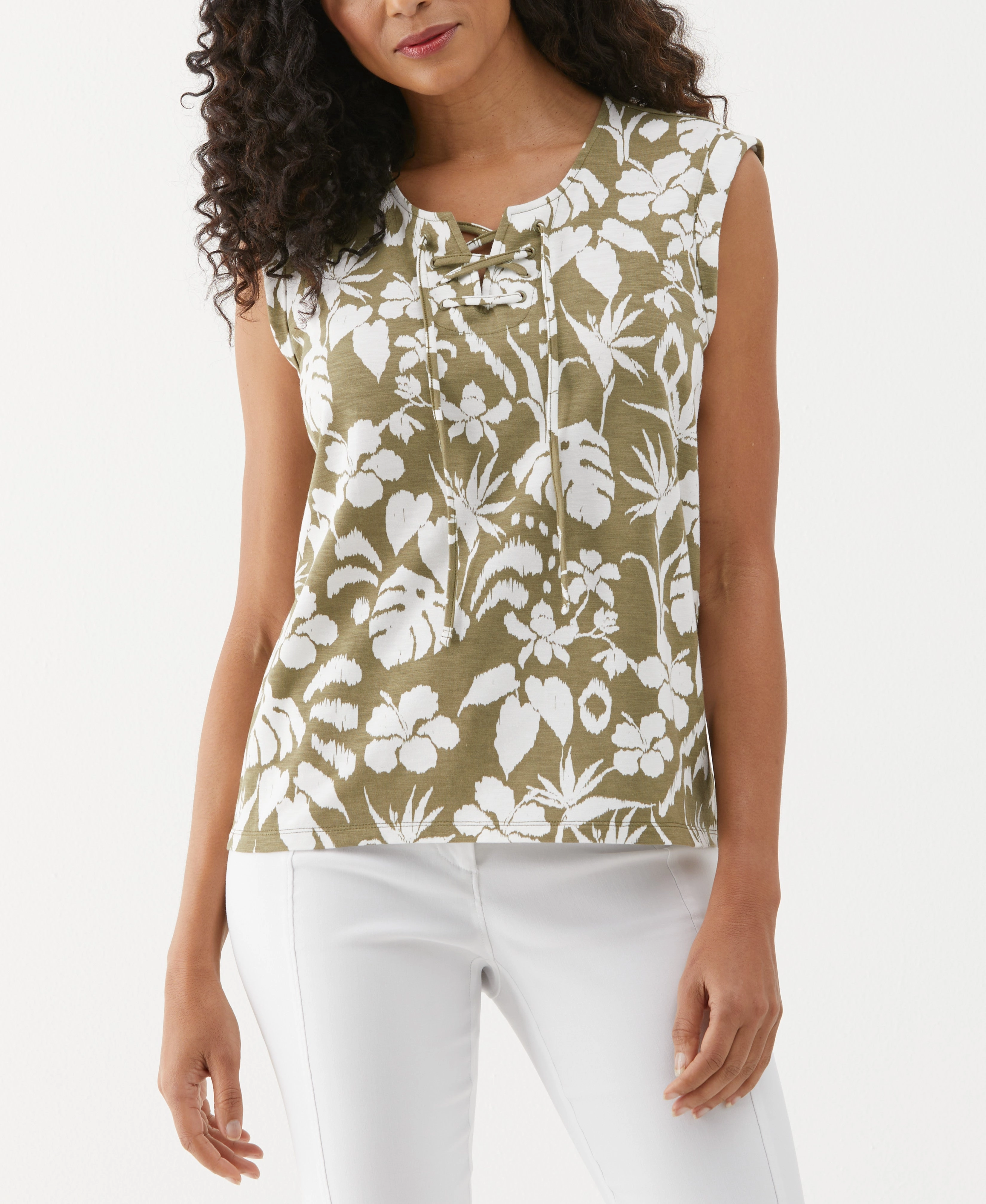 Effortless Knit Tropical Print Lace-Up Tank Top
