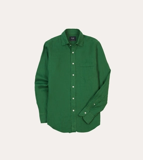 Multi Functional Pockets Forest Green Linen Spread Collar Shirt