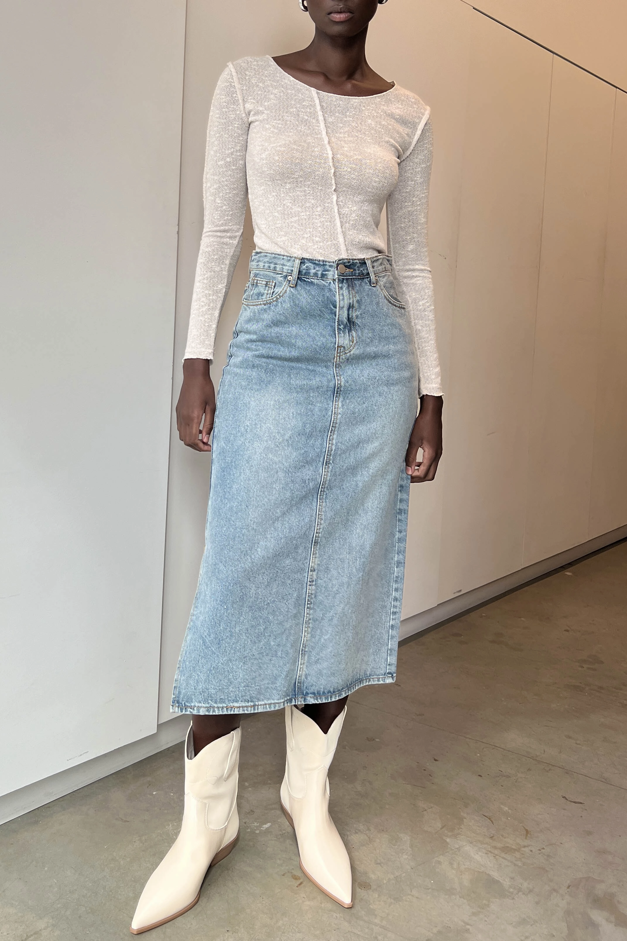 MIDI JEAN SKIRT Flow Look Gathered waist