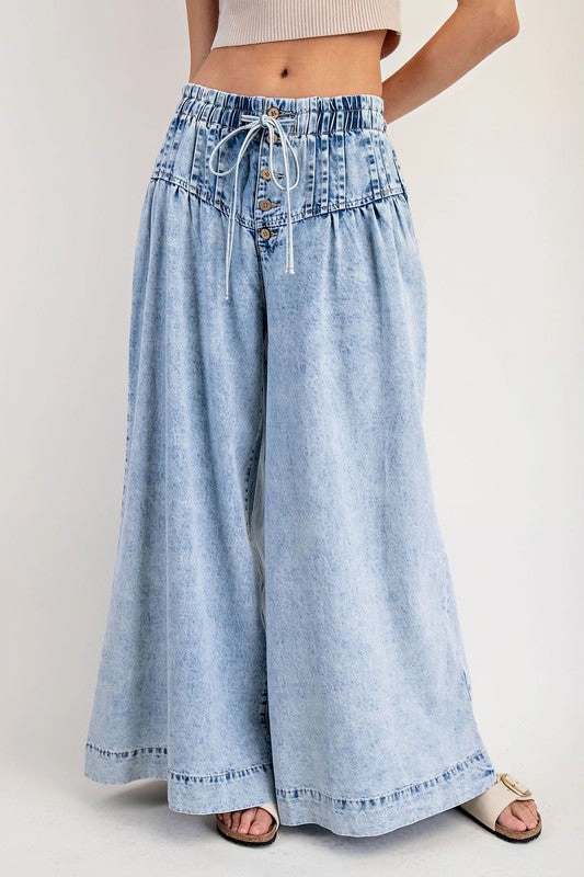 Mineral Washed Pleated Wide Leg Pants Subtle Palette elastic waistband