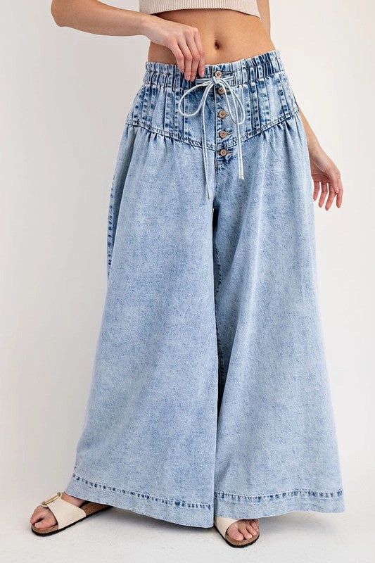 Lightweight Parent Style Durable Mineral Washed Pleated Wide Leg Pants