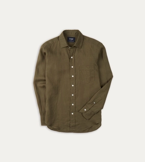 Camouflage Print Khaki Green Linen Spread Collar Shirt