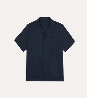 Glossy Texture Thermoregulating Layer Indigo Linen Short Sleeve Safari Shirt