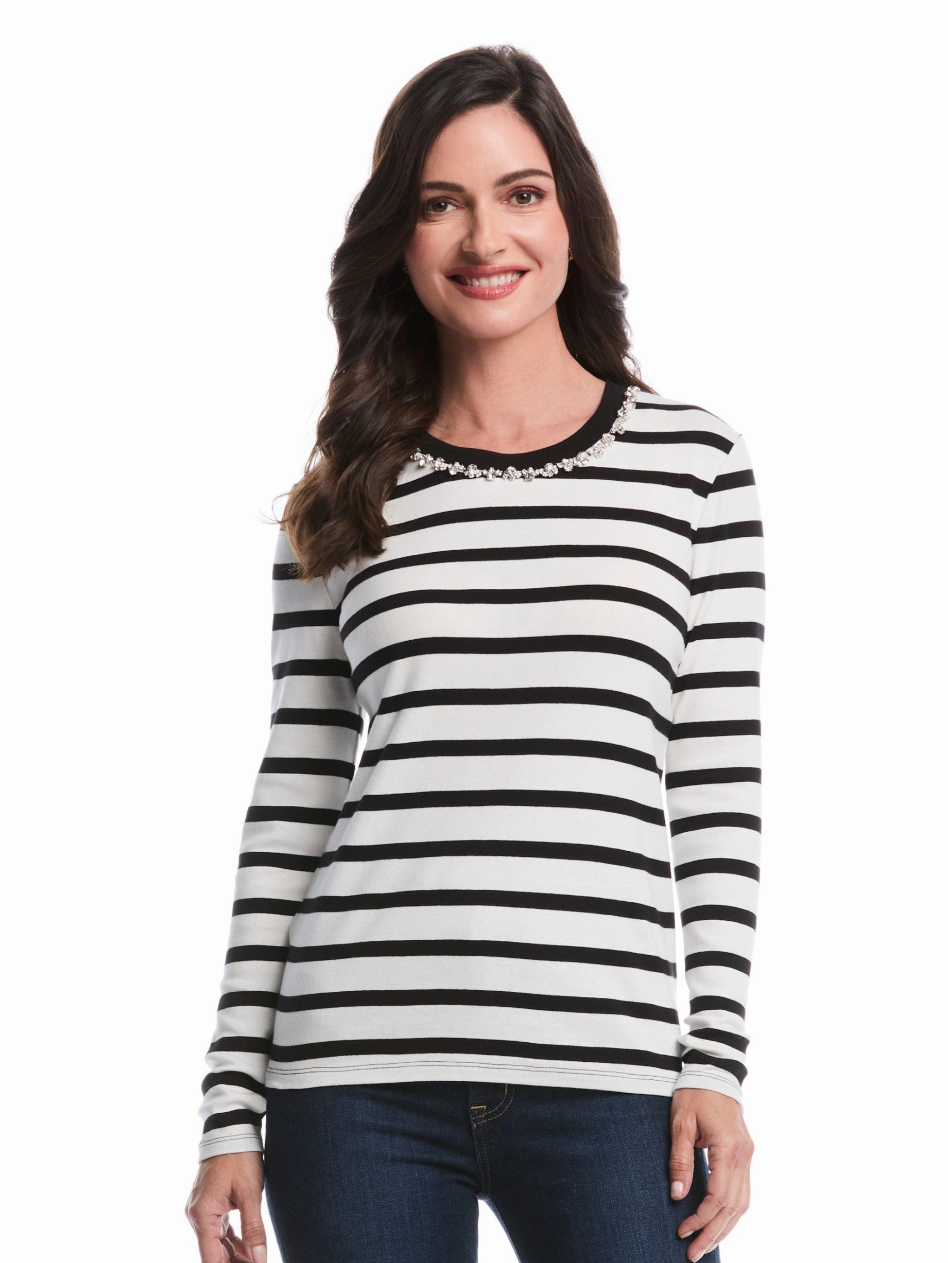Sport Flex Wear Striped Print Embellished Neck Top