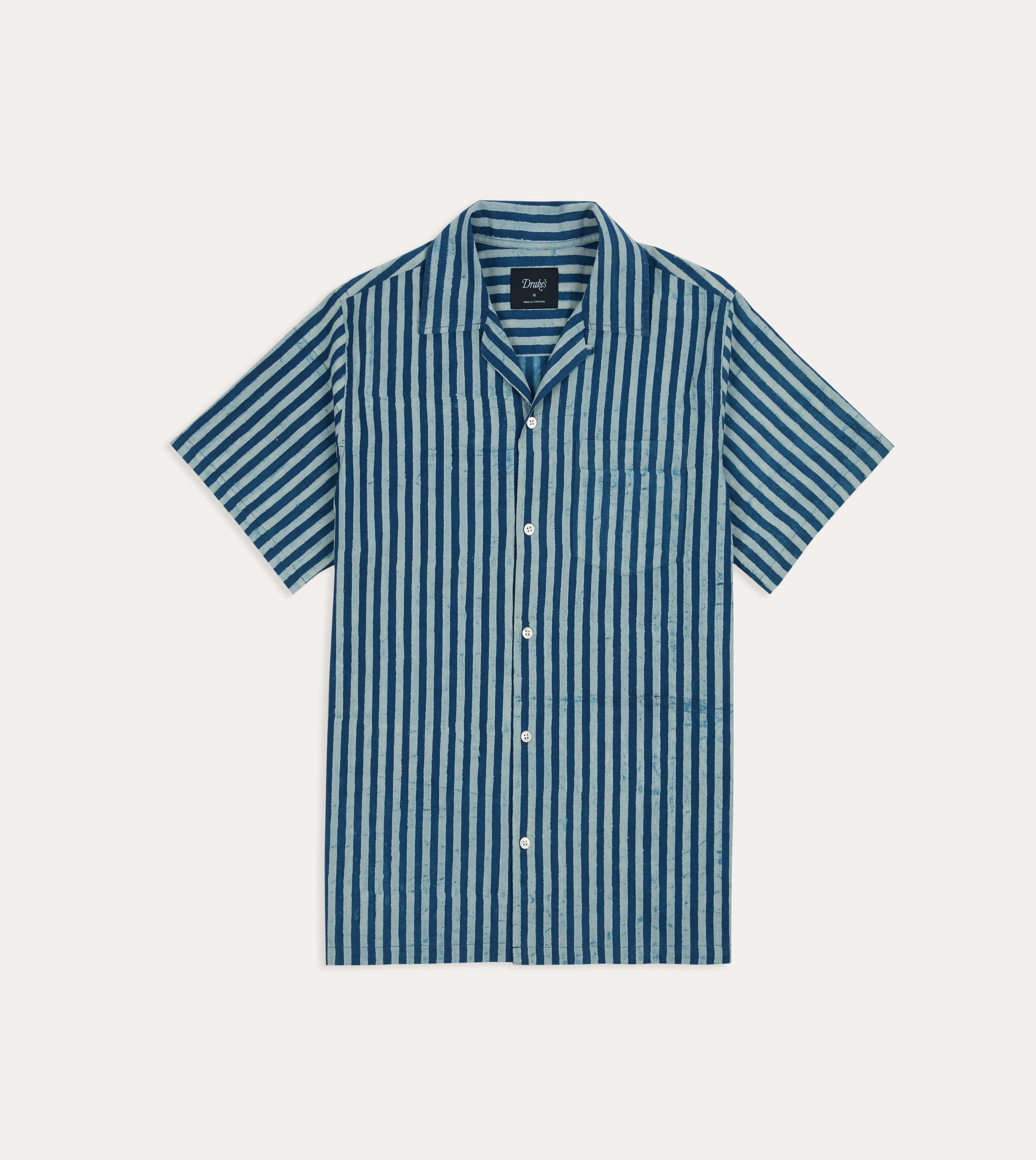 Indigo Stripe Block Print Cotton Camp Collar Short Sleeve Shirt Oversized Fit