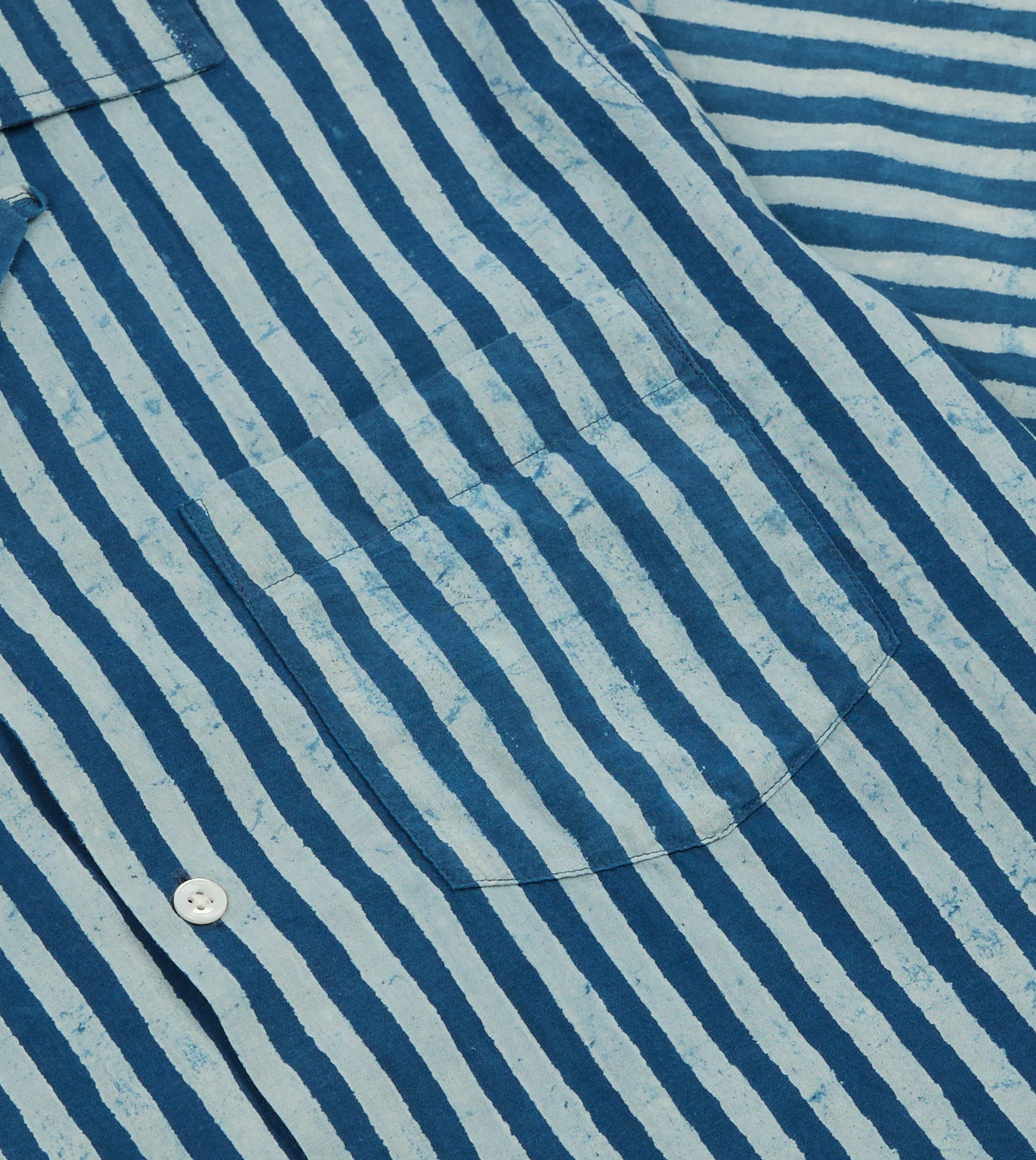 Breathable Material Indigo Stripe Block Print Cotton Camp Collar Short Sleeve Shirt