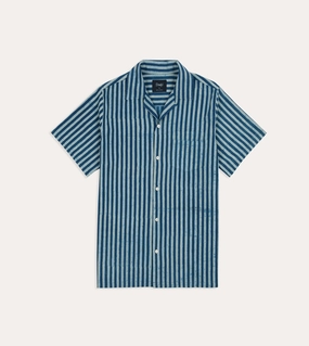 Indigo Stripe Block Print Cotton Camp Collar Short Sleeve Shirt Oversized Fit