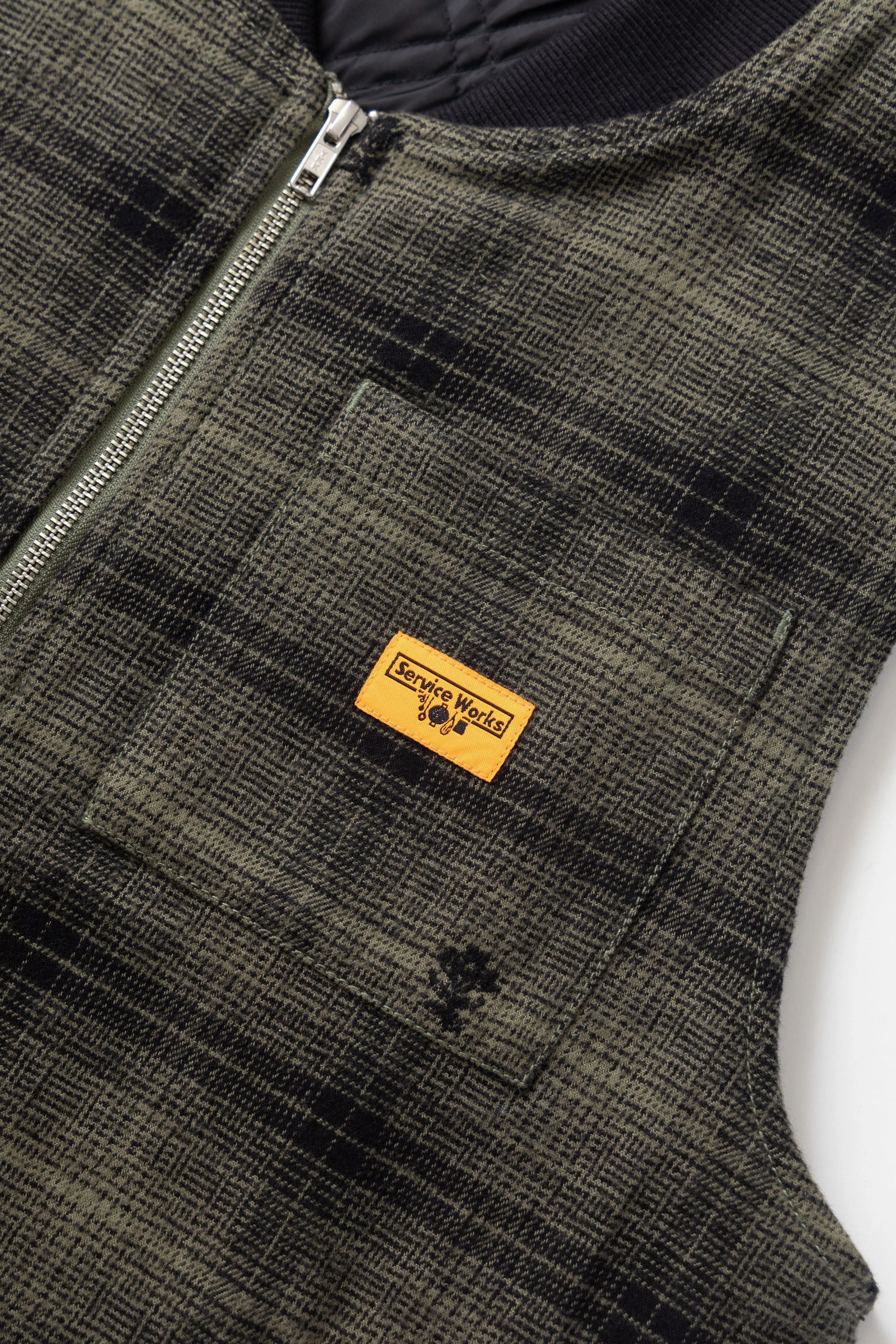 MultiPocket Design Service Works - Thistle Plaid Padded Work Vest - Olive City Chill Style