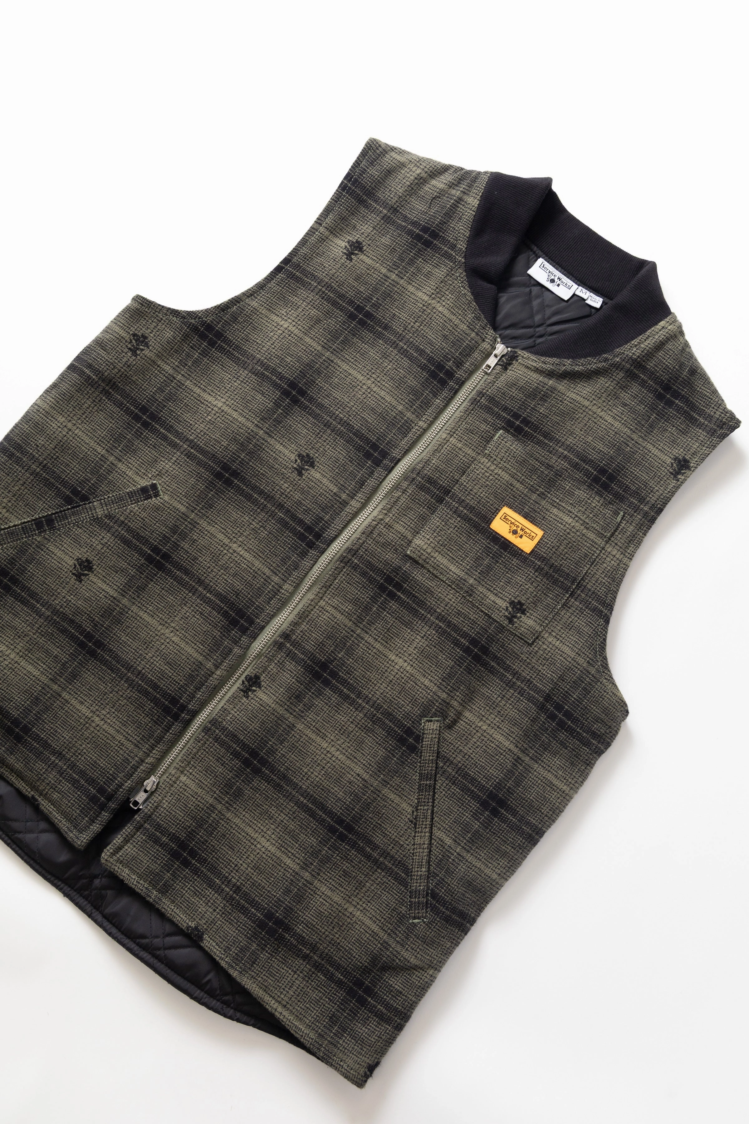 MultiPocket Design Service Works - Thistle Plaid Padded Work Vest - Olive Frictionless Lining
