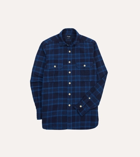 Navy Check Brushed Cotton Two-Pocket Work Shirt All-Purpose Wear Lightweight texture