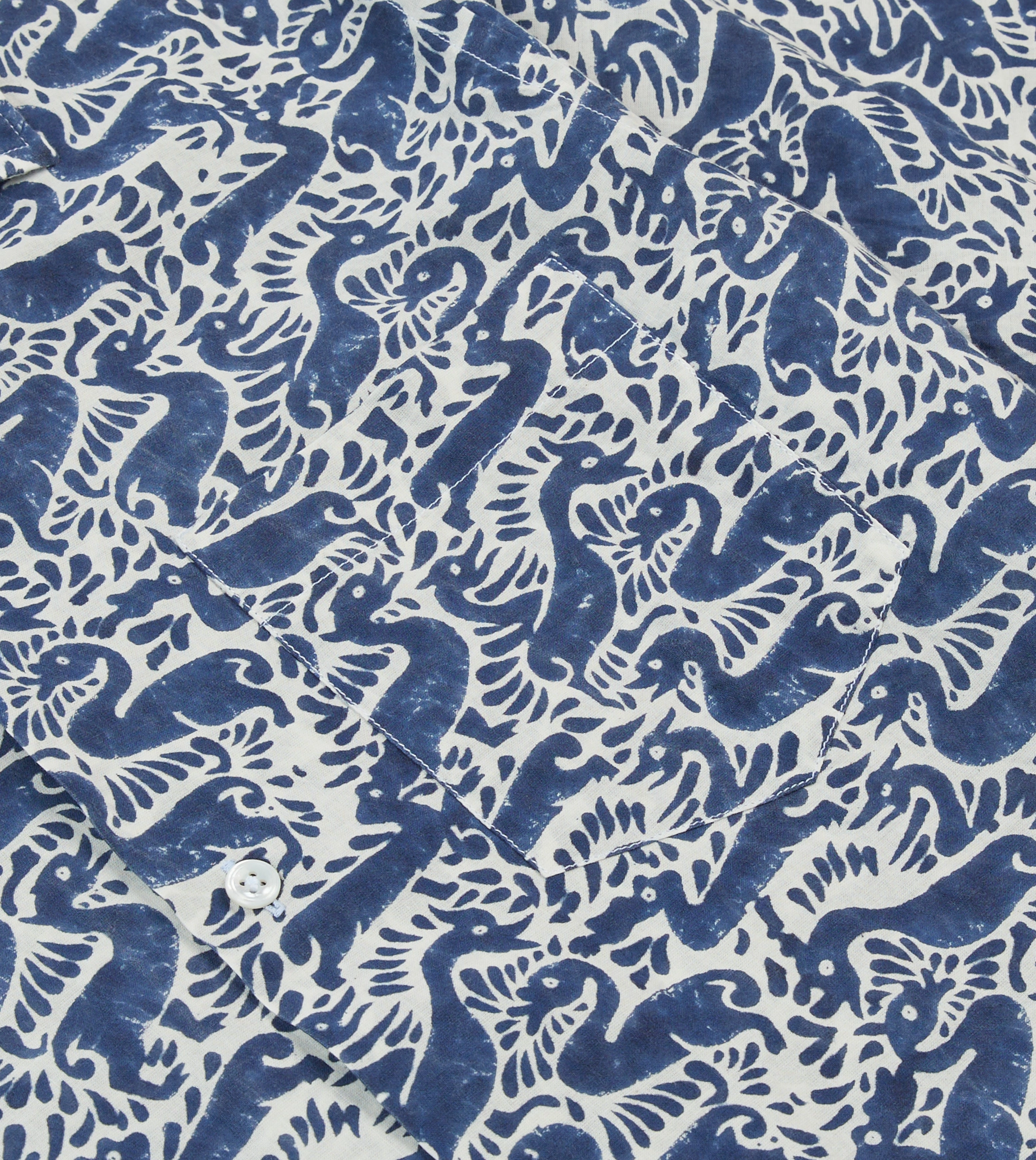 Navy Duck Block Print Cotton Camp Collar Short Sleeve Shirt Anti Pilling Treatment