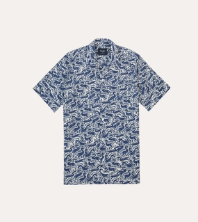 Easy Care Navy Duck Block Print Cotton Camp Collar Short Sleeve Shirt