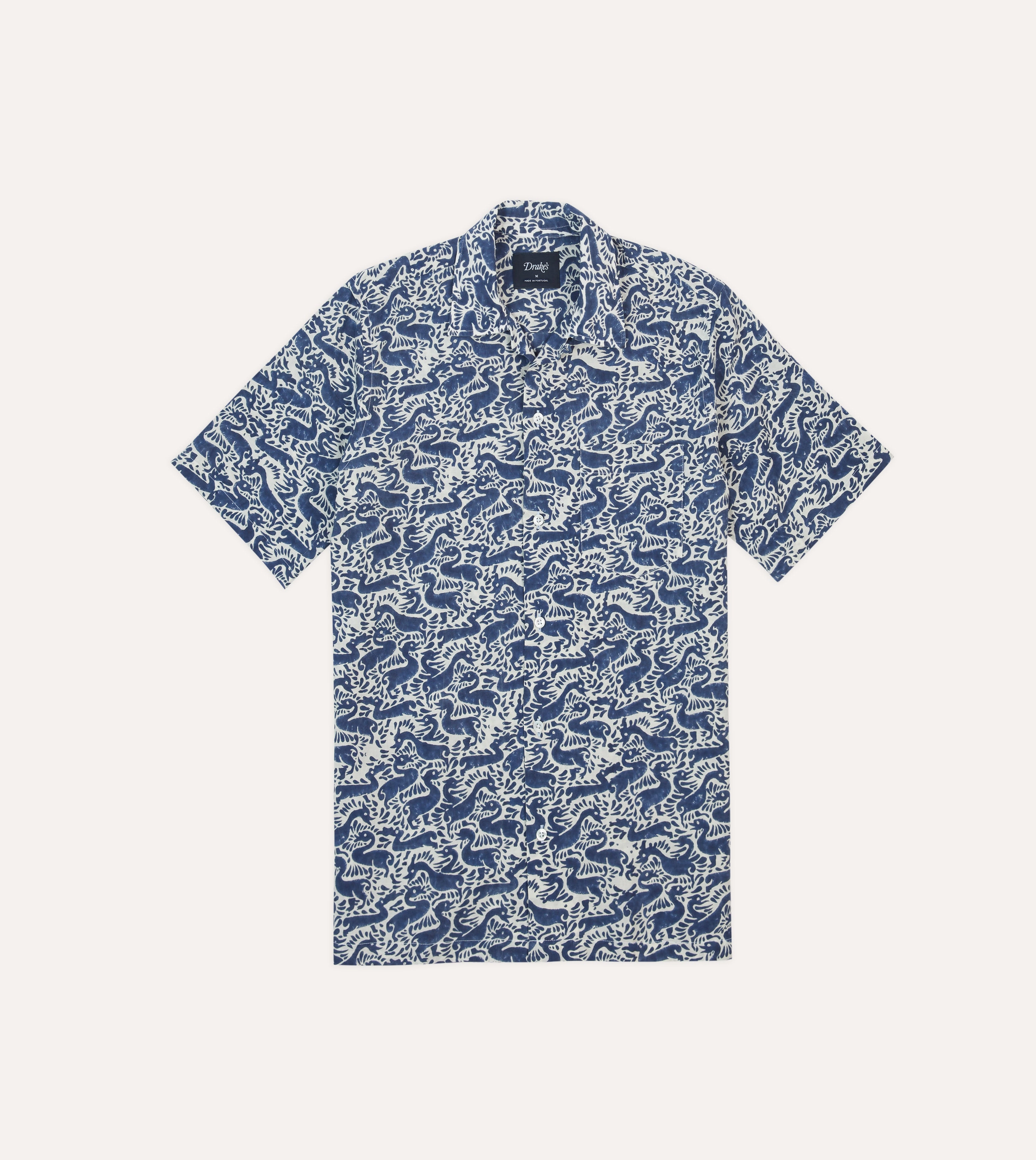 Easy Care Navy Duck Block Print Cotton Camp Collar Short Sleeve Shirt