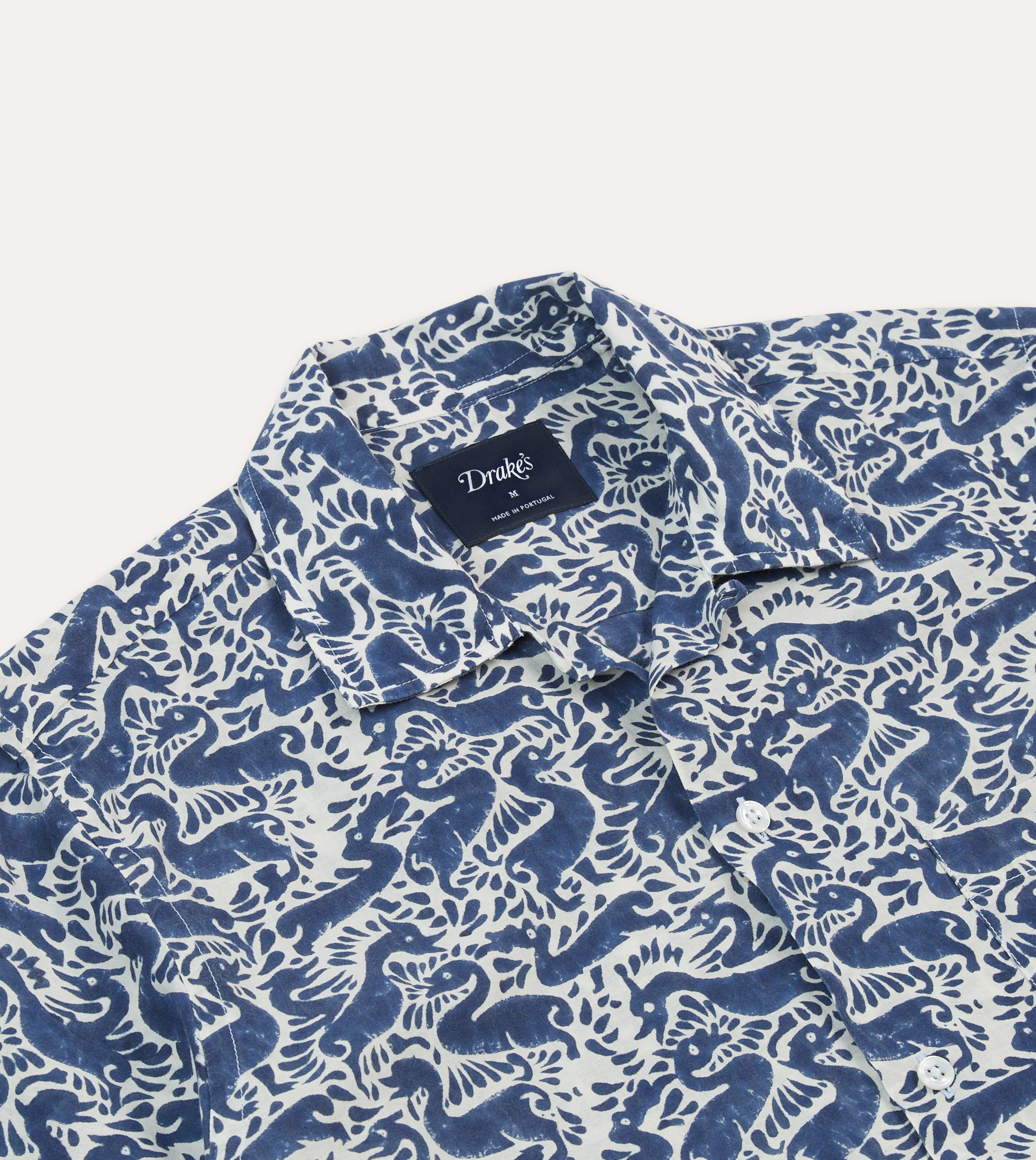Nautical Look Navy Duck Block Print Cotton Camp Collar Short Sleeve Shirt